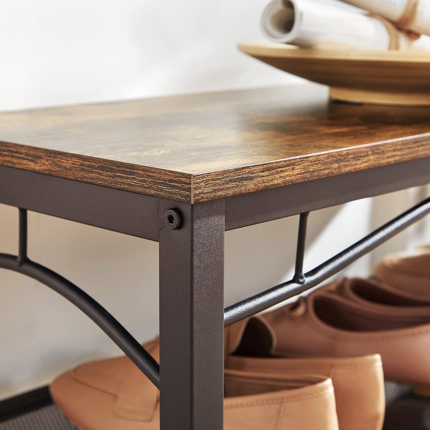 Industrial Coat Rack Stand, Shoe Rack Bench with Grid Memo Board, 9 Hooks and Storage Shelves, Hall Tree with Stable Metal Frame, Rustic Brown UHSR46BX