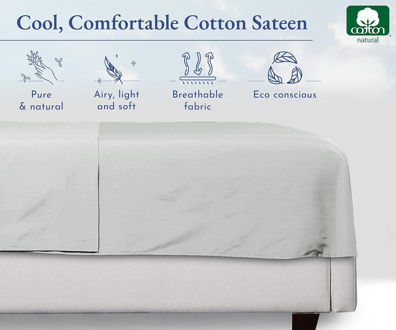 Flat Sheet Only, 400 Thread Count 100% Cotton Sateen, Soft & Durable by California Design Den - Light Gray, King