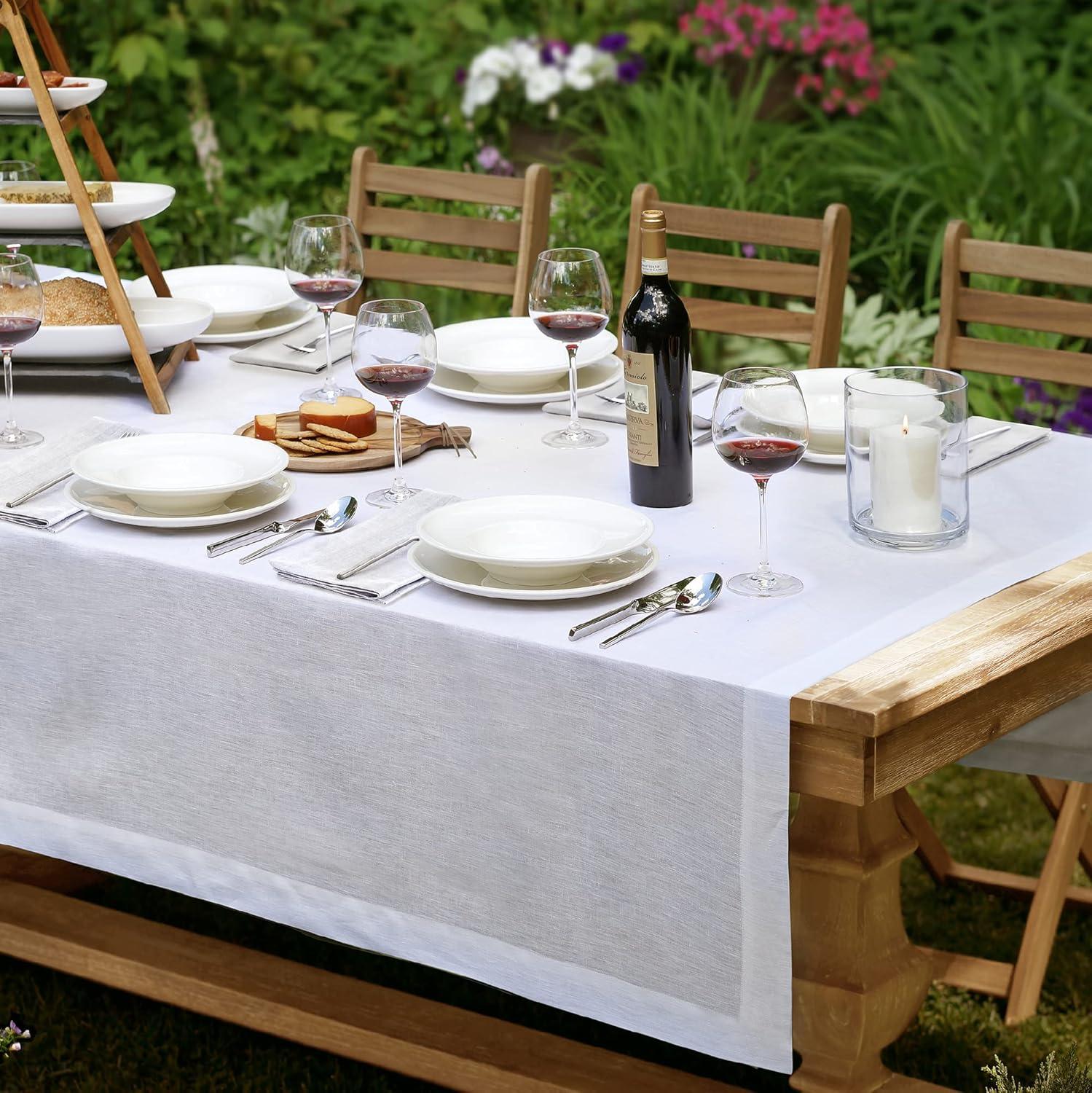 White Linen Rectangular Tablecloth with Mitered Hem, 70" x 96"