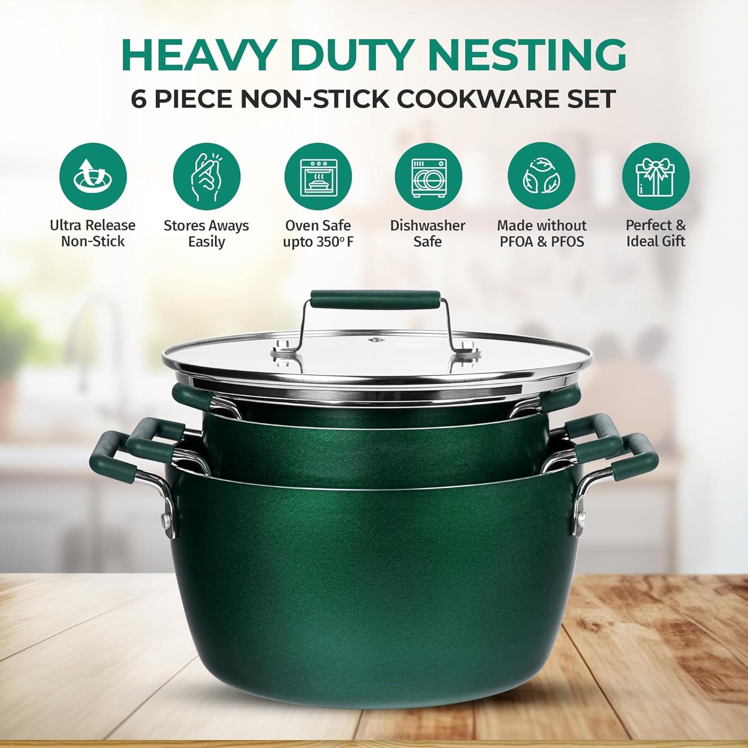 Granitestone 6 Piece Stackable Nonstick Green Nesting Pots with Lids