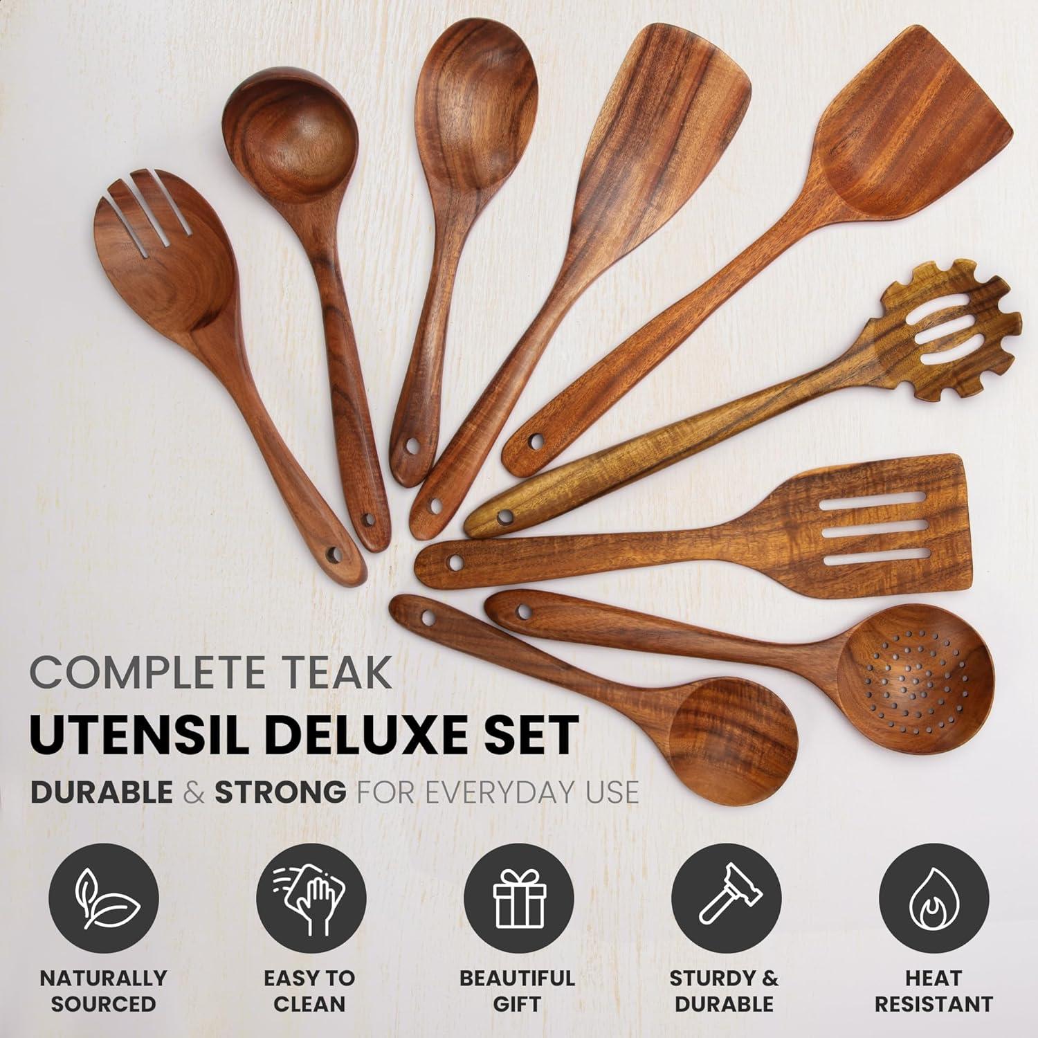 9-Piece Teak Wooden Utensils for Cooking - AOKIWO Smooth Finish Natural Teak Utensil Set - Non-Stick Wooden Spoons for Cooking - Kitchen Gift Set - Comfortable Grip Wooden Utensil Set