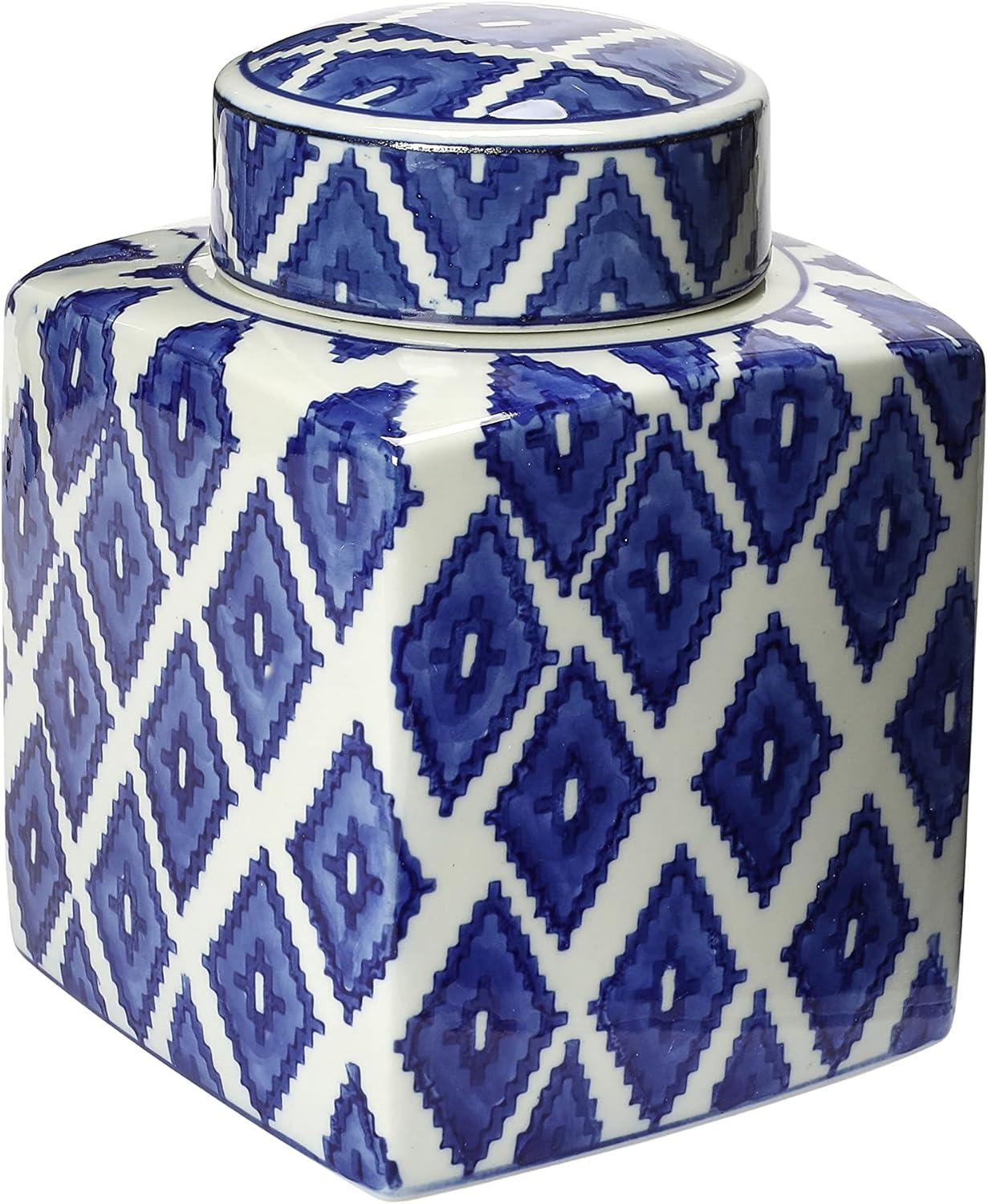 Creative Co-Op Decorative Diamond Square Ceramic Ginger Jar with Lid, Blue and White