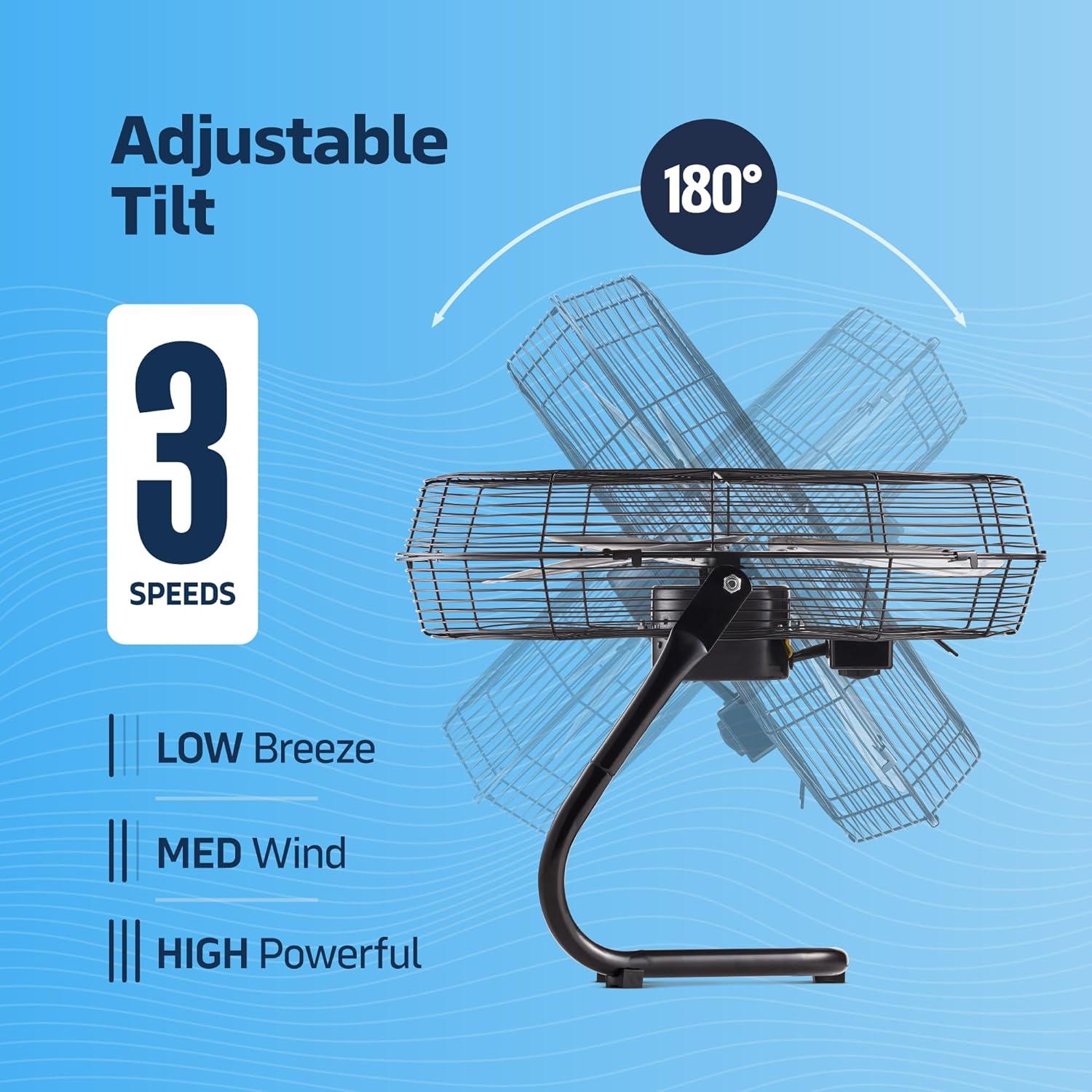 3-Speed 12 In High-Velocity Heavy Duty Metal Industrial Floor Fan, 1650 CFM Powerful cooling fan for office, Commercial, Residential, and Greenhouse Use, with 180° Adjustable Vertical Tilt