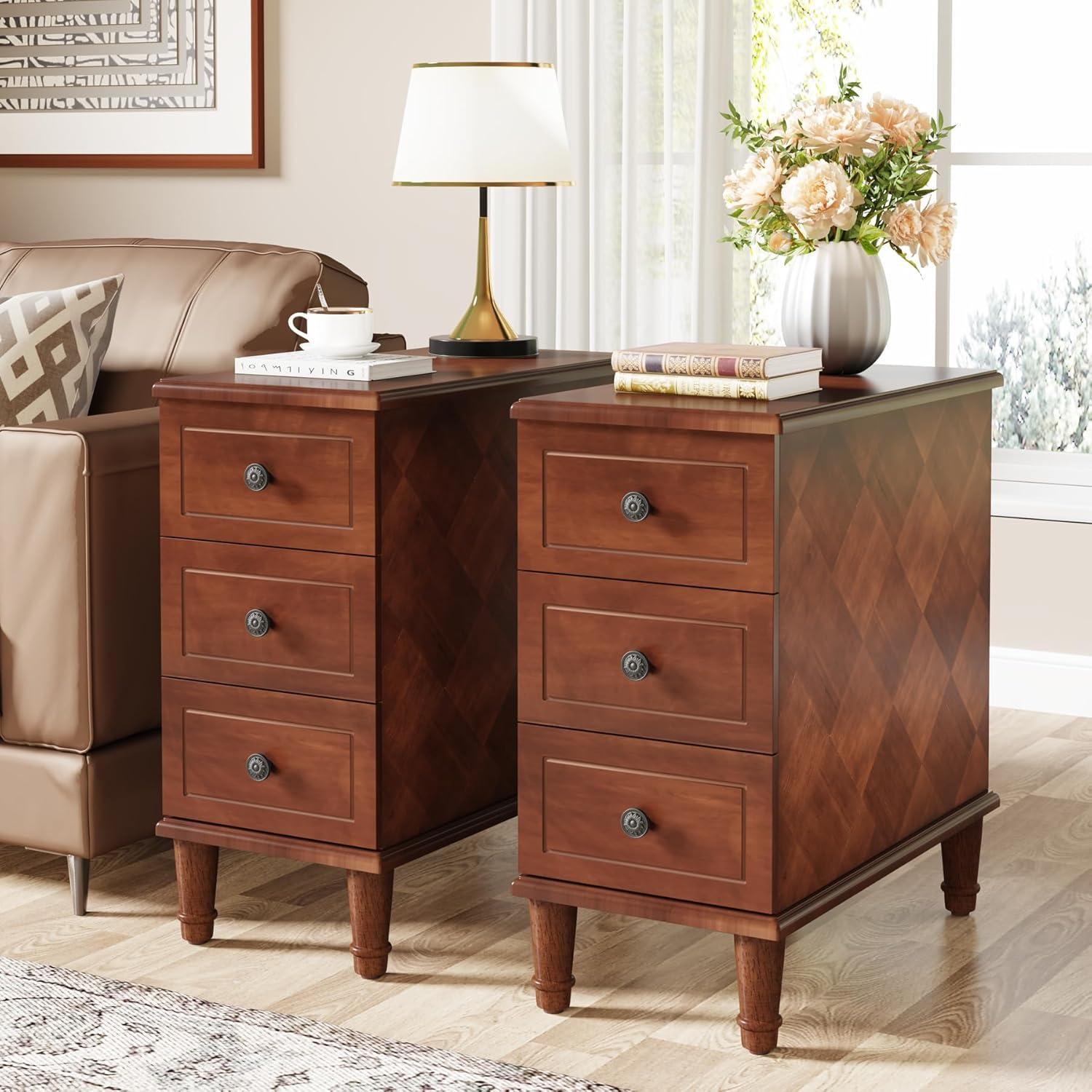 Hokku Designs Solid Wood End Table, Fully Assembled Narrow Side Table With Drawers, Pre-Assembled Nightstand Slim Bedside Table For Small Spaces, Living Room, Bedroom, Brown