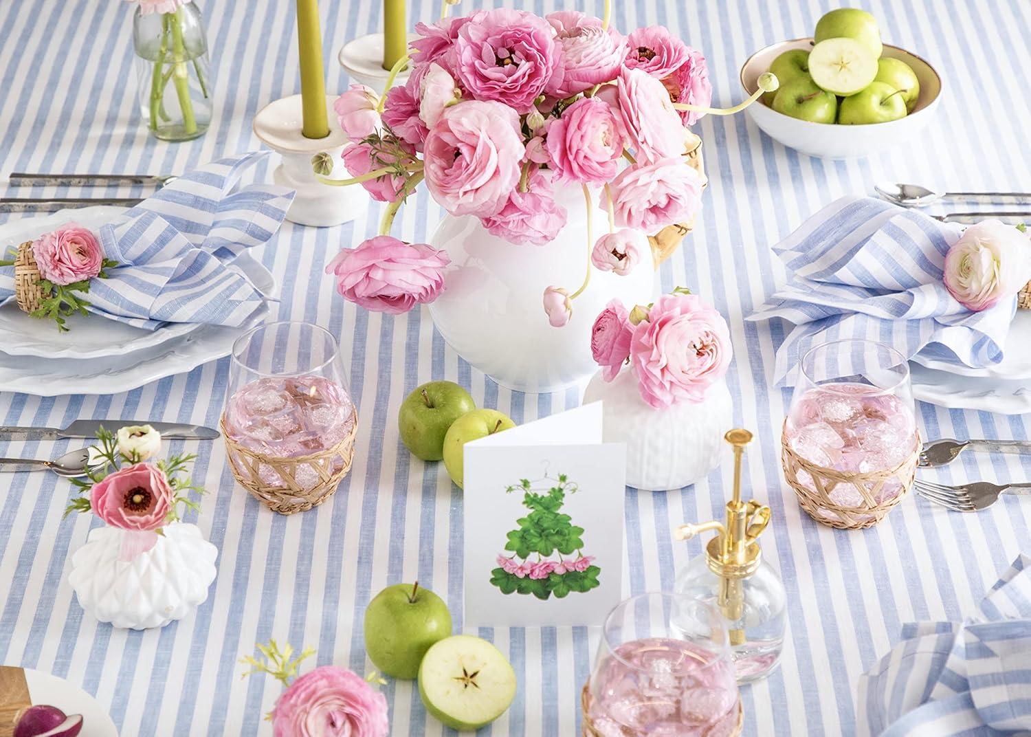 Sky Blue and White Striped Linen Rectangular Tablecloth