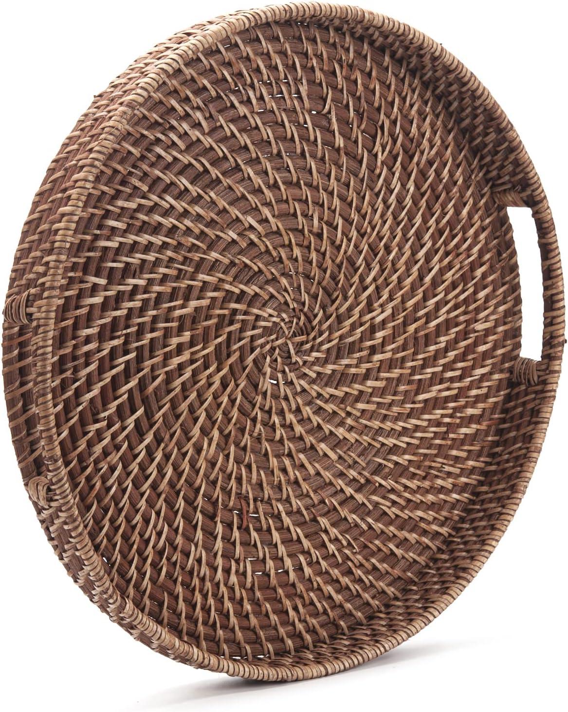 Round Rattan Woven Serving Tray with Handles Ottoman Tray for Breakfast, Drinks, Snack for Coffee Table, Home Decorative (16.9 inch, Honey Brown)