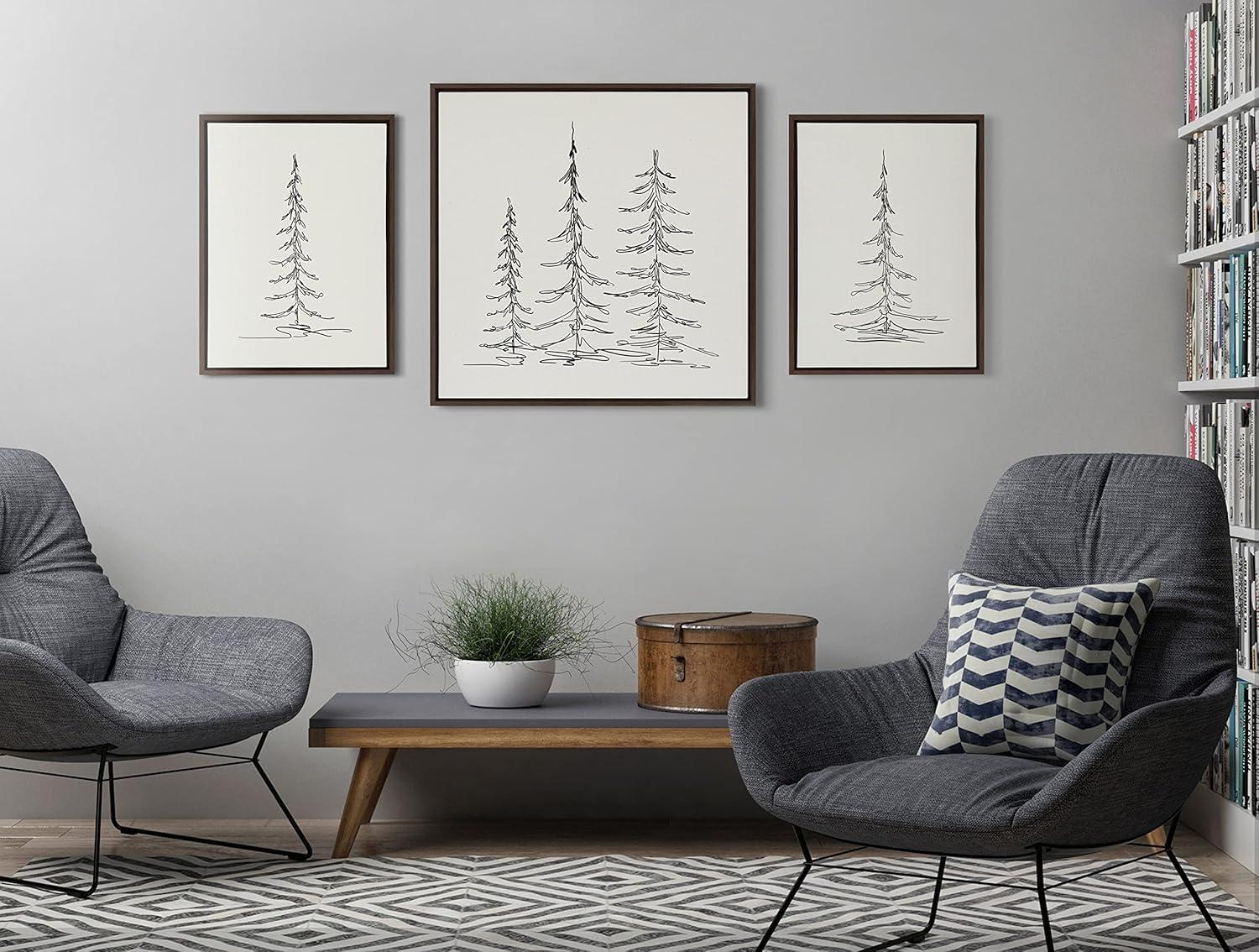 Kate and Laurel Sylvie Minimalist Evergreen Trees Sketch Framed Linen Textured Canvas Wall Art by The Creative Bunch Studio, 30x30 Brown, Chic Modern Art for Wall