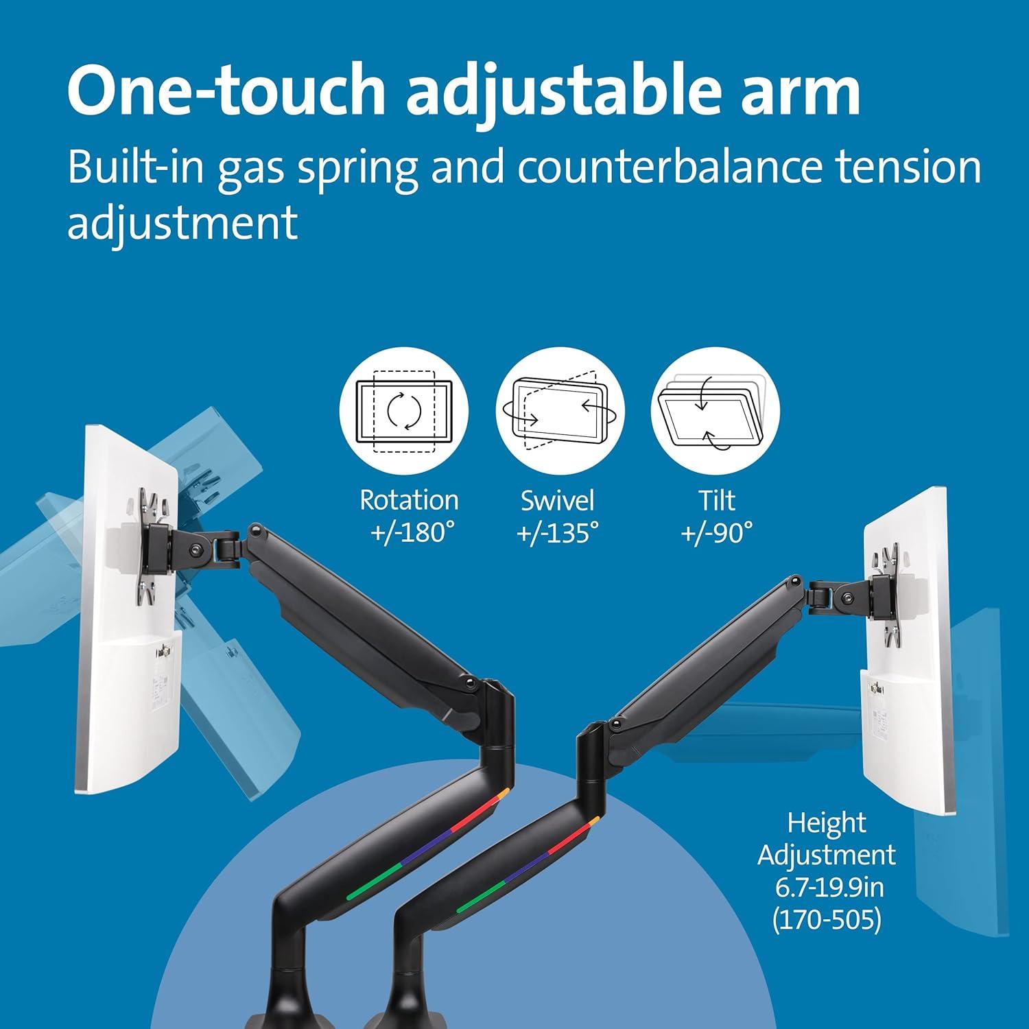 OneTouch Sleek Black Height Adjustable Monitor Arm with Cable Management