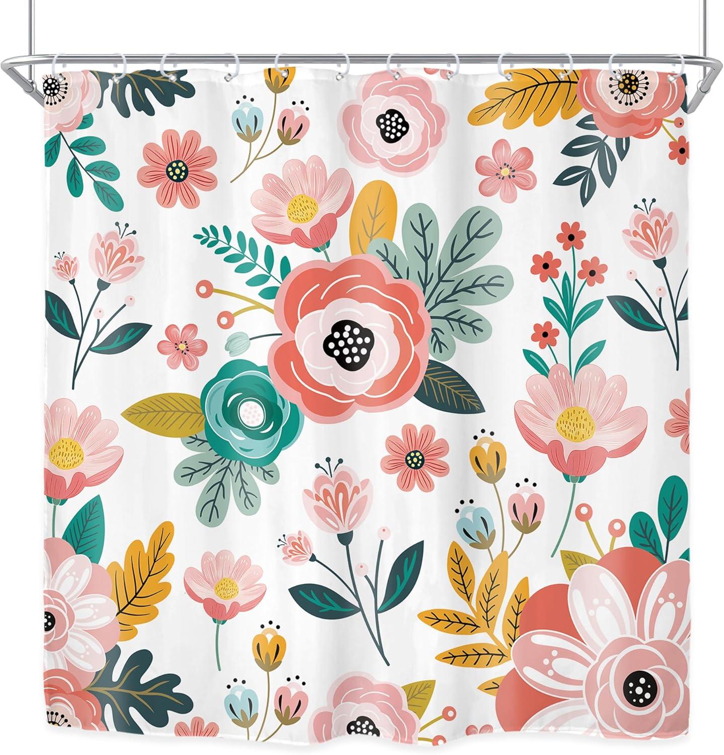 Red Barrel Studio® Pink Floral Shower Curtain For Bathroom Decor 72Wx72h Watercolor Colorful Flower Tropical Leaves Spring Botanical Sage Green Art Printed Fabric Polyester Waterproof 12 Pack Plastic Hooks