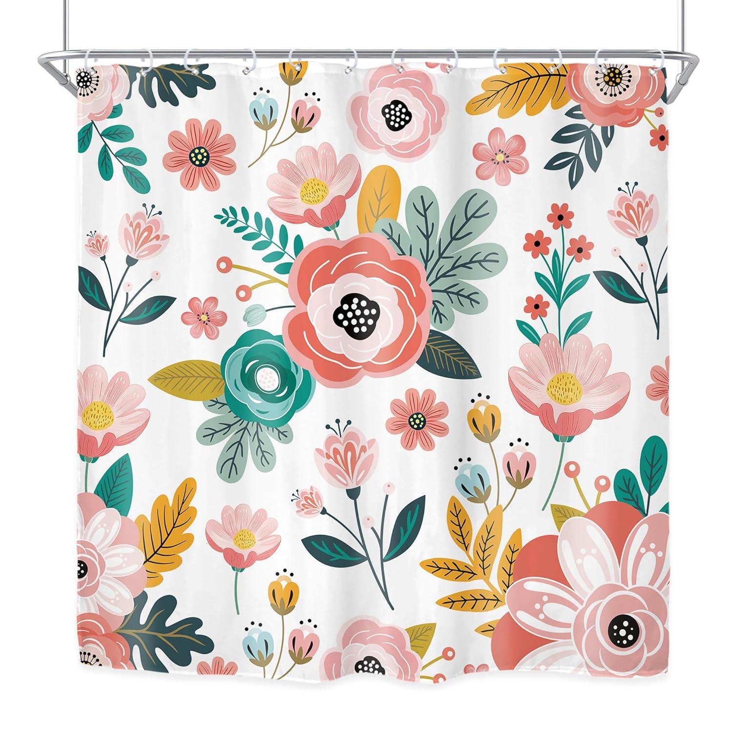 Red Barrel Studio® Pink Floral Shower Curtain For Bathroom Decor 72Wx72h Watercolor Colorful Flower Tropical Leaves Spring Botanical Sage Green Art Printed Fabric Polyester Waterproof 12 Pack Plastic Hooks