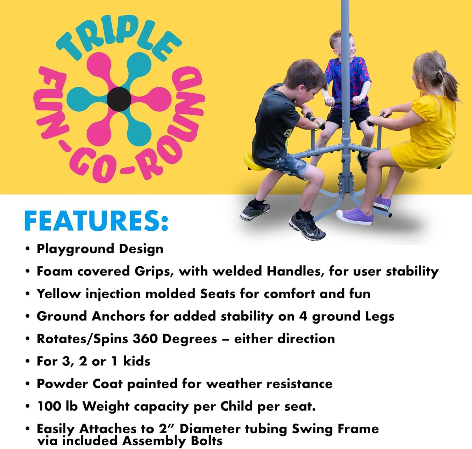 XDP Recreation Triple Fun Go Round 360 Degree Outdoor Spinning and Twirling Kids Playground or Backyard Ride for Up To 3 Children