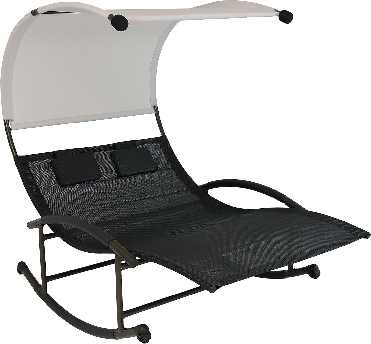 Black Double Chaise Rocking Lounge with Canopy and Cushions