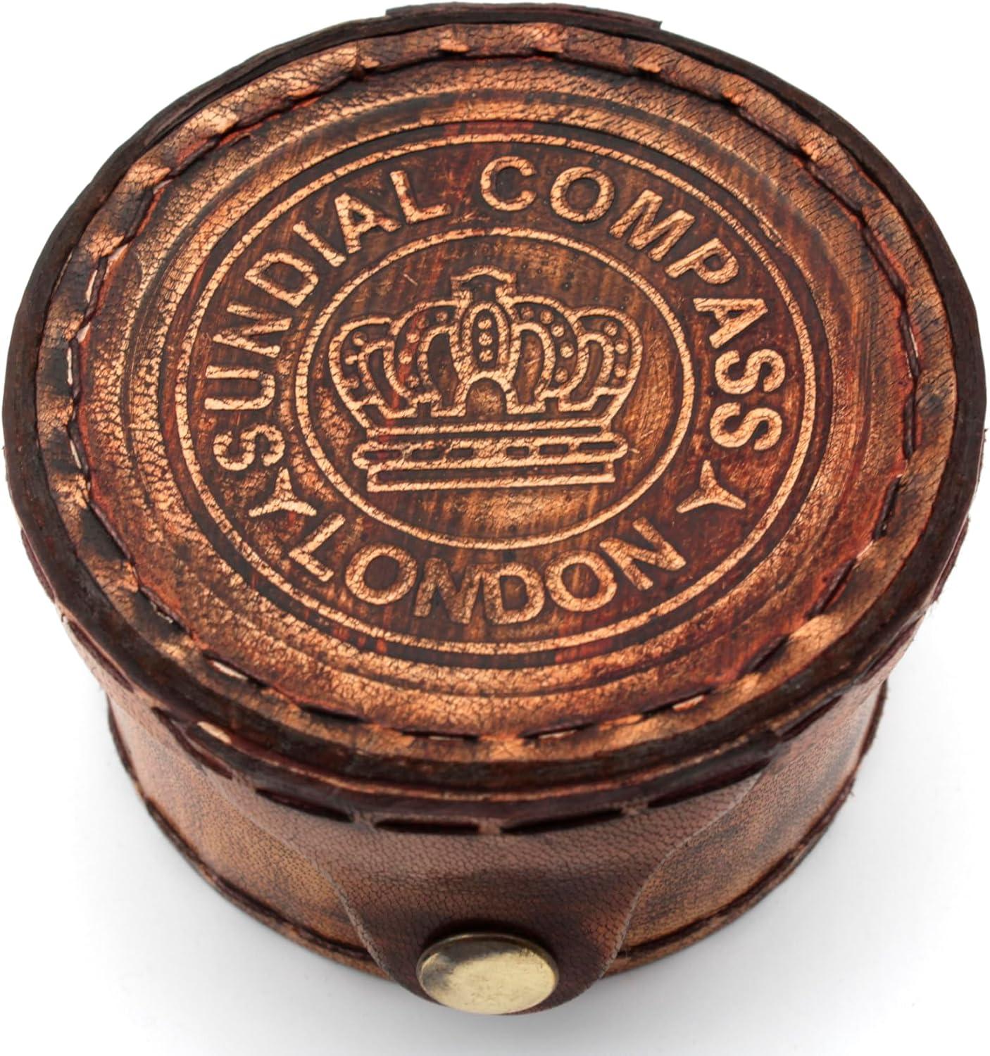 Vintage Brass Sundial Compass with Leather Case | Antique Marine Navigation Instrument & Engraved Calendar | Retro Pocket Compass for Outdoor Adventure, Collectors & Gifts