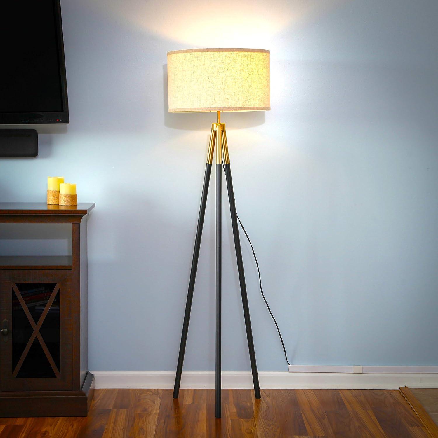 Brightech Levi 61 in. Mid Century Modern Tripod Floor Lamp with Fabric Drum Shade and Gold Finish - LED Bulb Included