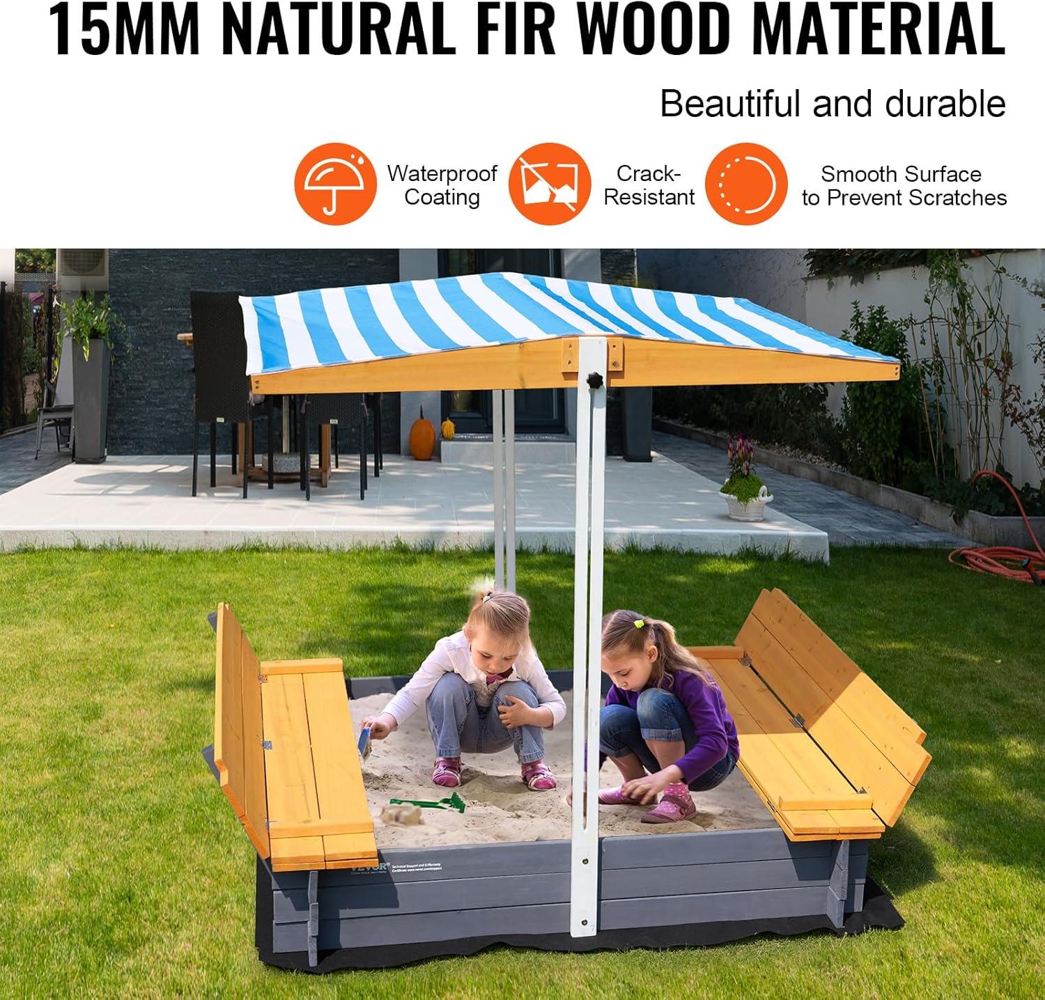 Wooden Sandbox with Adjustable Canopy and Bench Seats