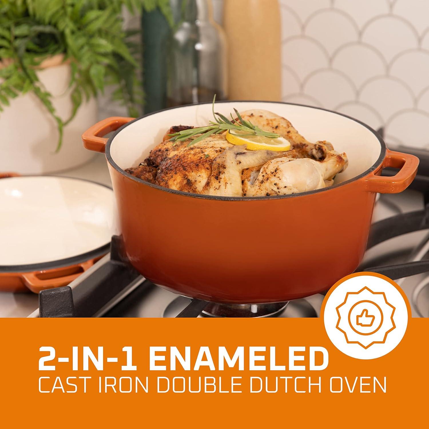 Bruntmor | 2 In 1 Enameled Cast Iron Double Dutch Oven Skillet Lid 5-Quart | 1