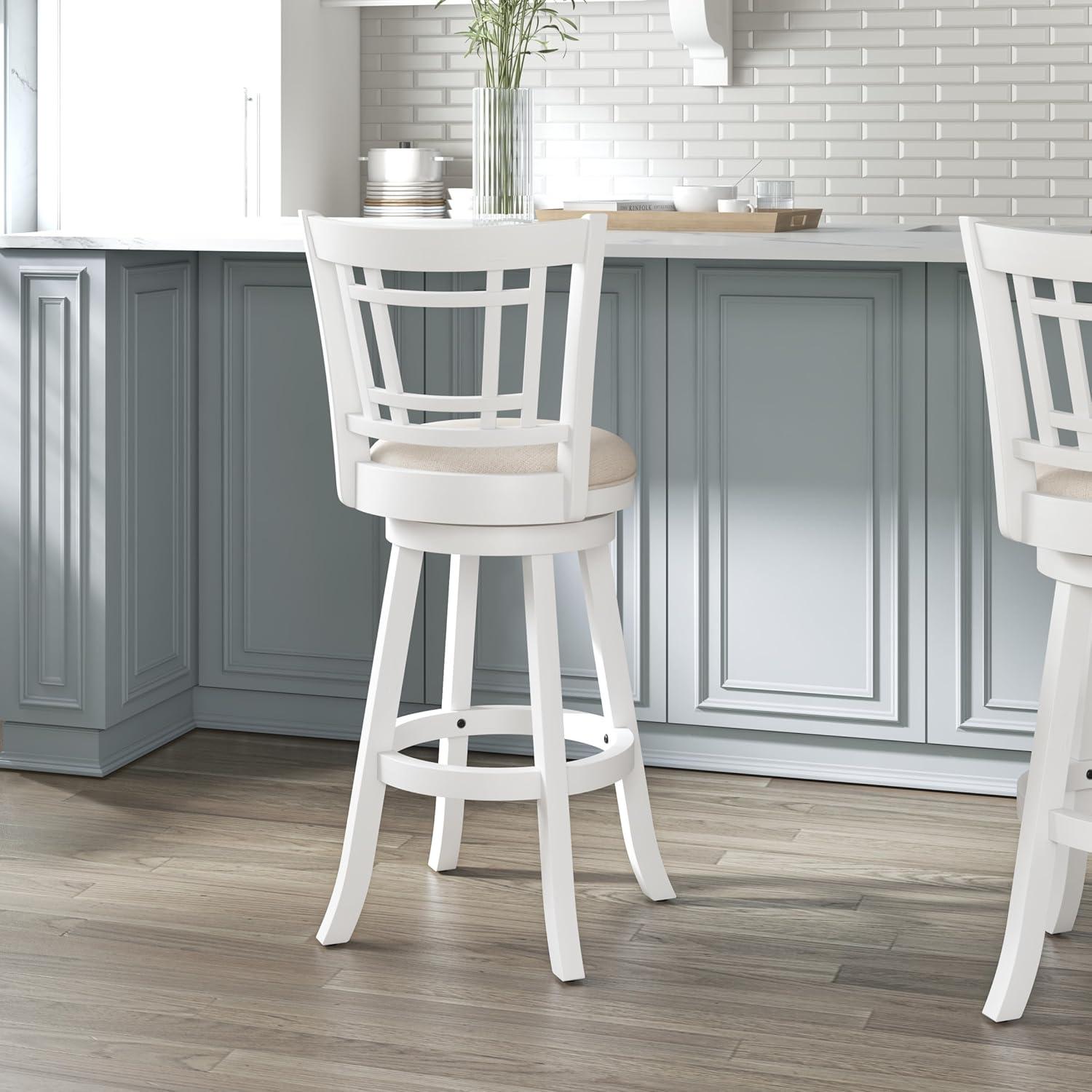 Elegant White Swivel Bar Stool with Beige Fabric Seat and Wood Accents