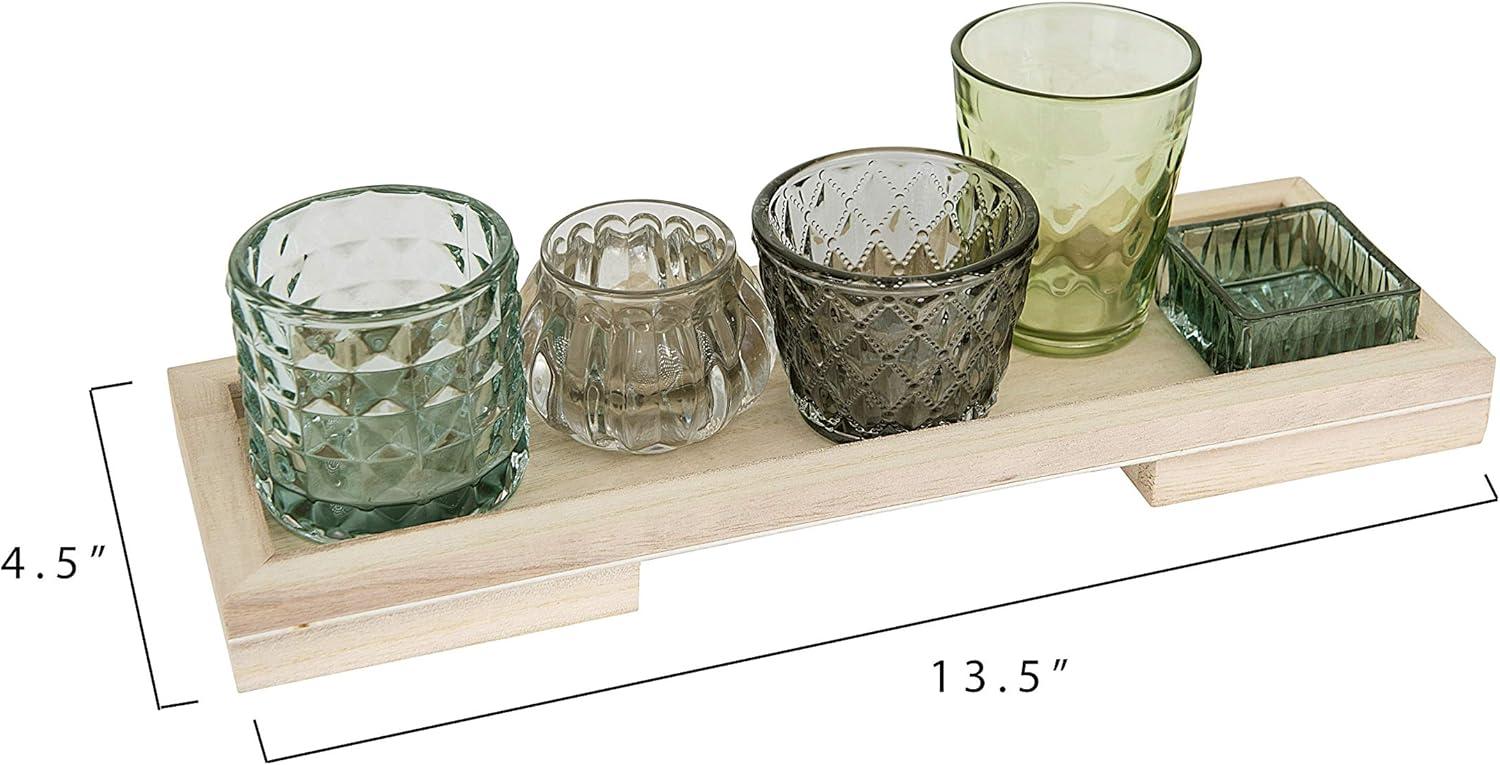 Embossed Glass Votive Holders with Natural Wood Tray, Set of 5