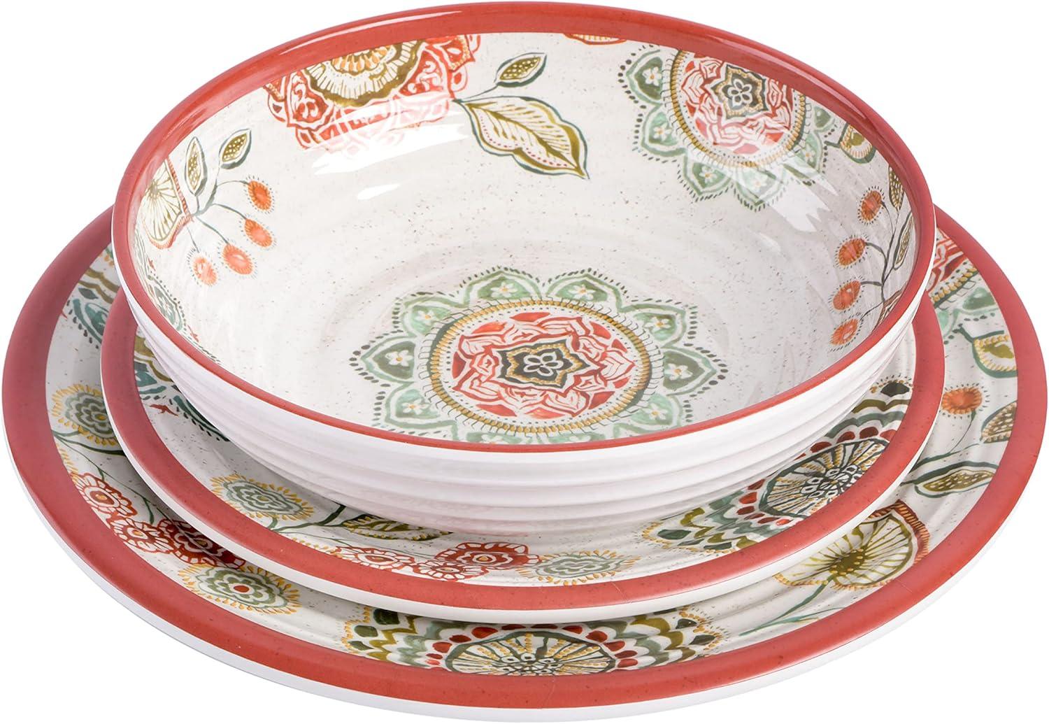 Laurie Gates Brick Floral Ripple 12 Piece Melamine Dinnerware Set in Red