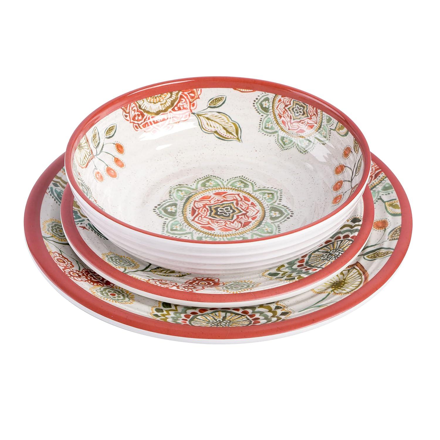 Laurie Gates Brick Floral Ripple 12 Piece Melamine Dinnerware Set in Red