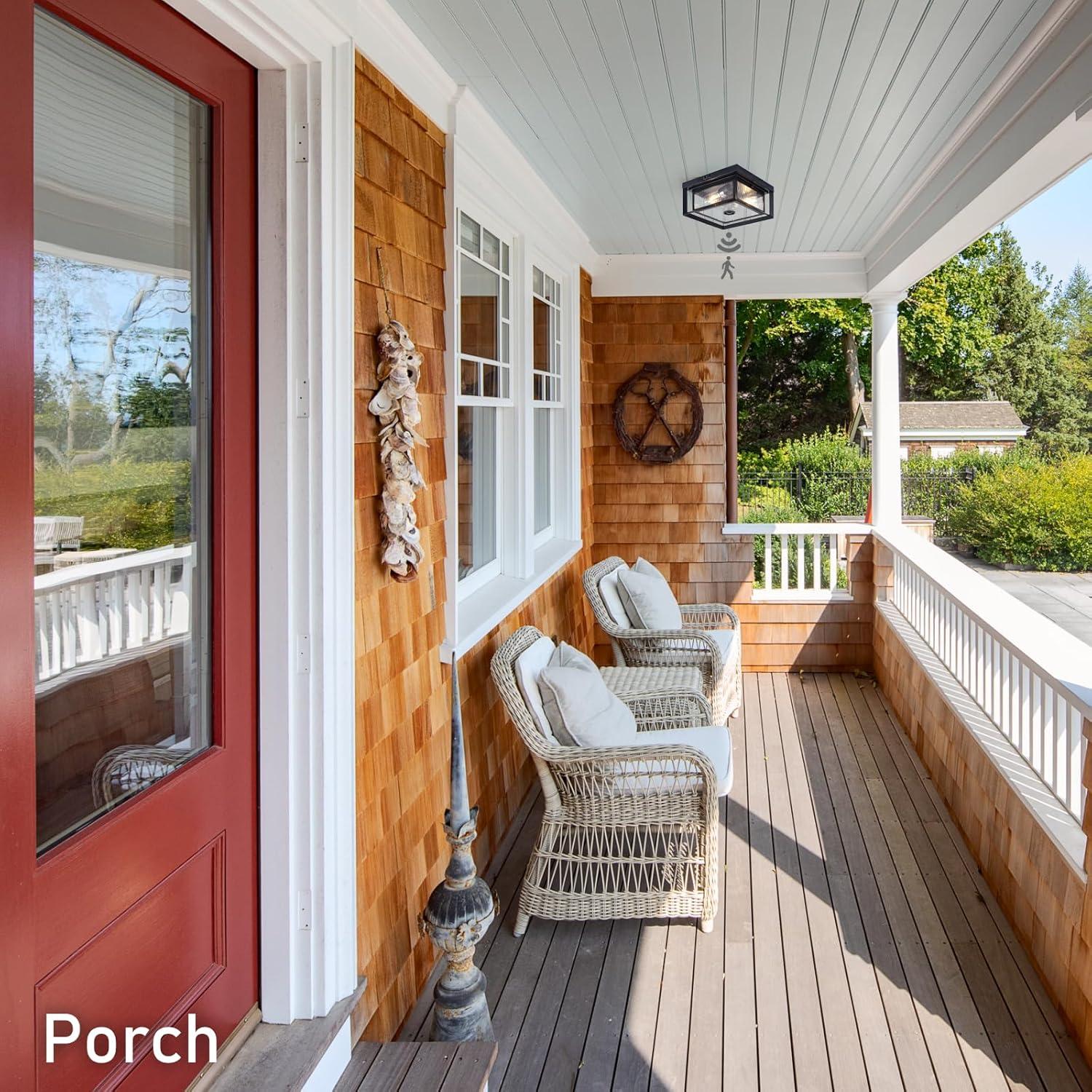 Motion Sensor Outdoor Ceiling Light - Industrial Style, Flush Mount, Dual Box Frame with Water Ripple Glass Design - Perfect for Porch, Garage, and Entryway, Time and Sensitivity Adjustable