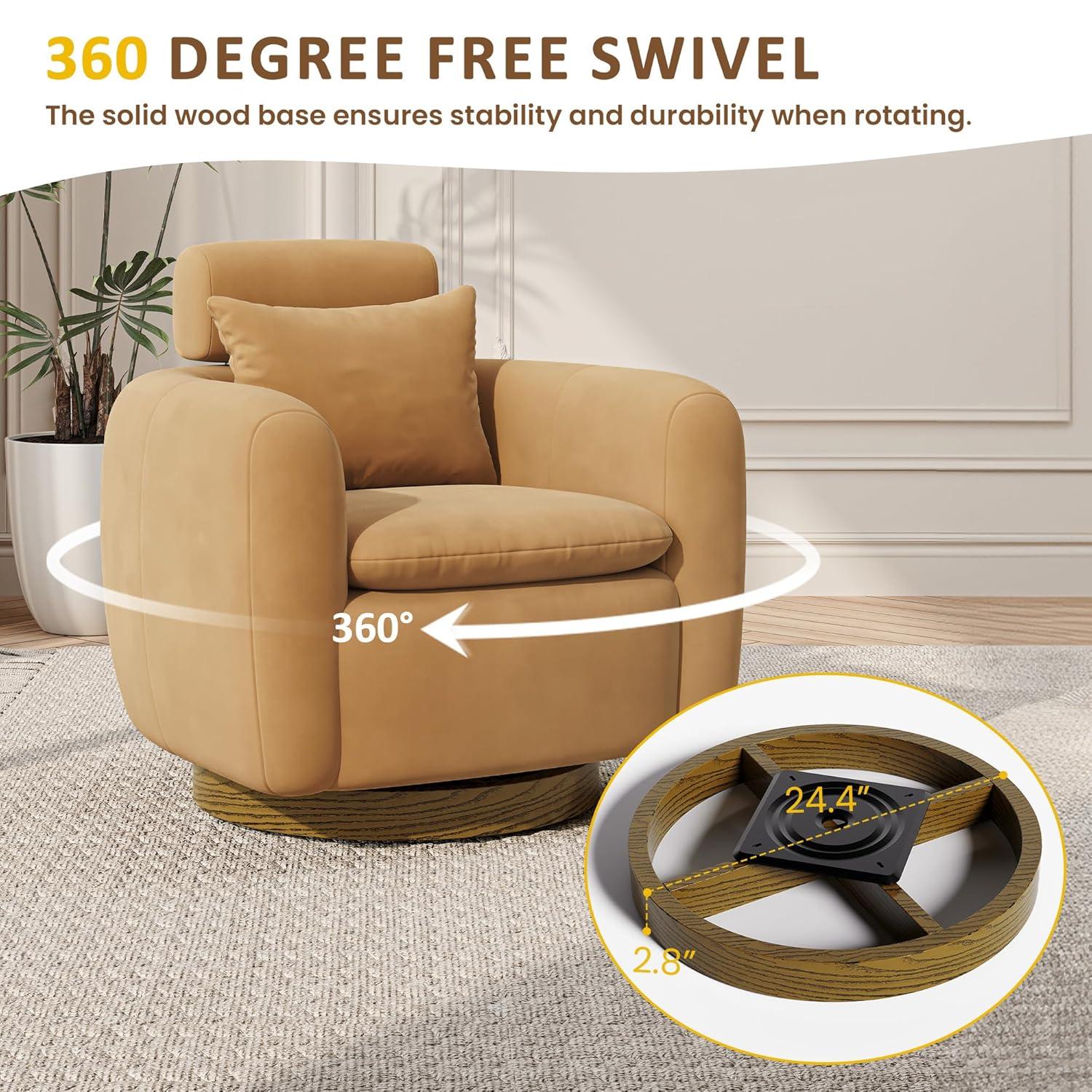 Oversized Camel Brown Velvet Swivel Barrel Accent Chair