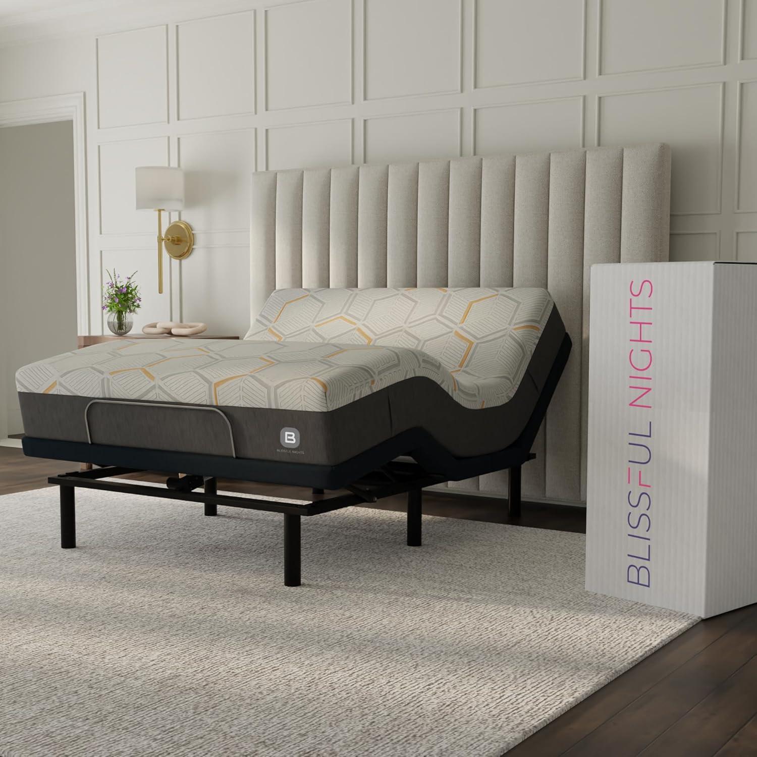 Blissful Nights e4 Queen Adjustable Bed Base Frame with 12" Medium Firm Copper and Gel Infused Memory Foam Mattress