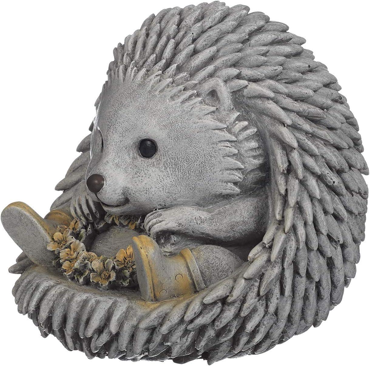 Gray Resin Hedgehog Garden Statue with Yellow Boots