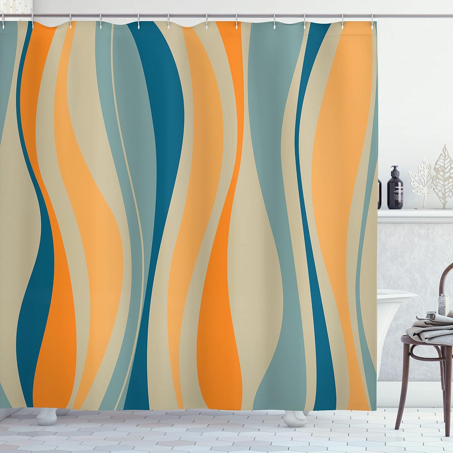 Ambesonne Vintage Shower Curtain, Retro Vibrant Stripes, 69"Wx70"L, Petrol Blue and Marigold