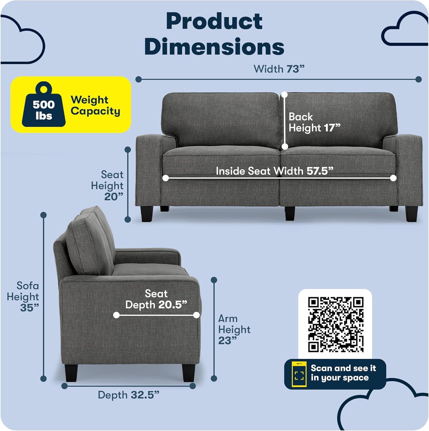 Serta Palisades 73" Track Arm Sofa, Easy Care Fabric, Soft Pillow Back, Pocket Coil Seat Cushions