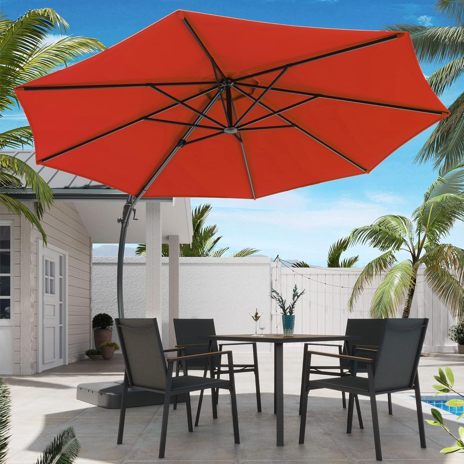 LAUSAINT HOME 11FT Deluxe Patio Umbrella with Base, Outdoor Large Hanging Cantilever Curvy Umbrella with 360° Rotation, Red