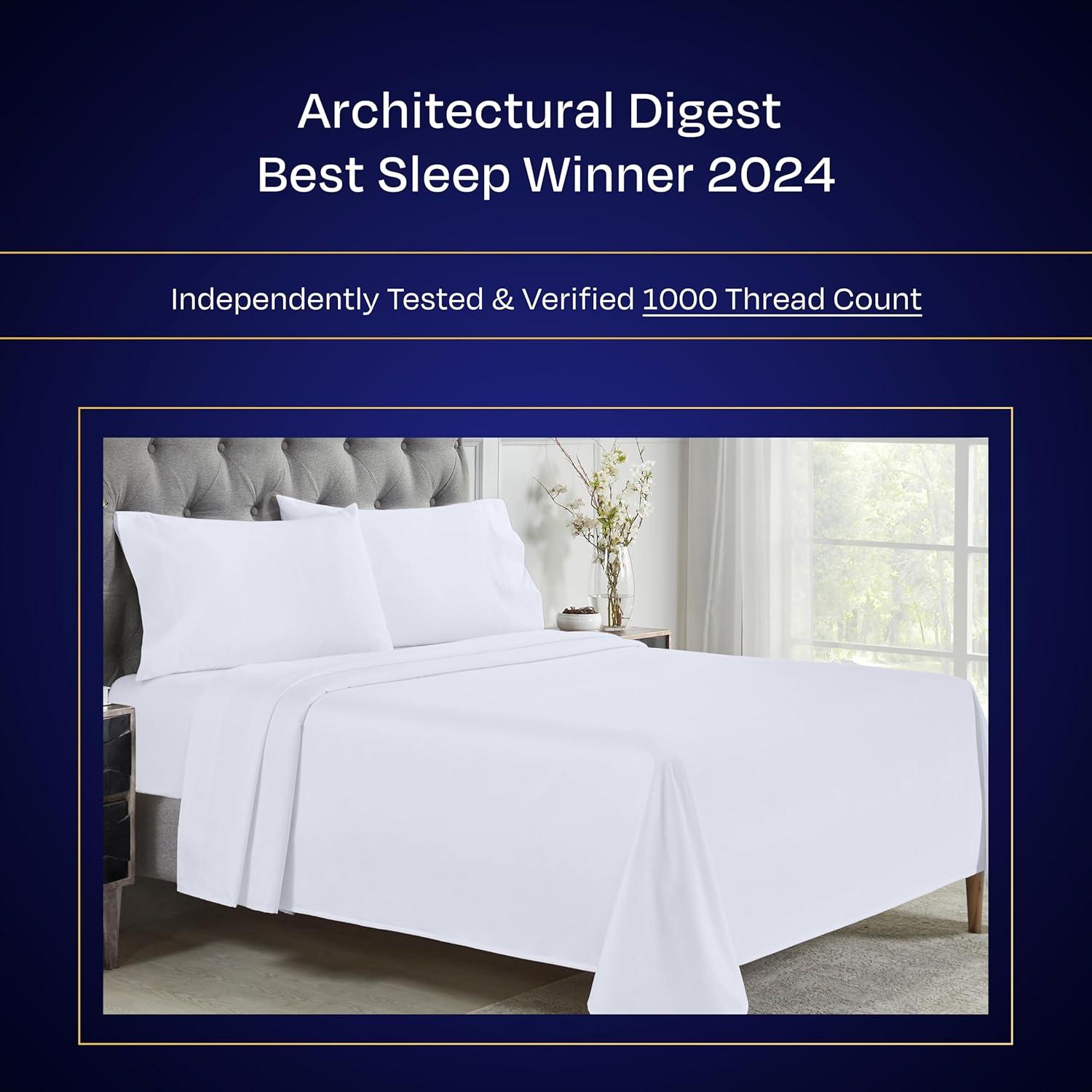 Luxury 1000 Thread Count Bed Sheets Set - 100% Cotton Sateen - Soft, Thick & Deep Pocket by California Design Den - Bright White, Split King
