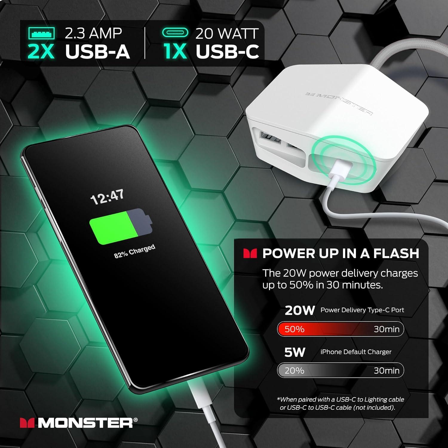 Monster Power Center Vertex XL Surge Protector with 10 AC Outlets, 3-Port USB Hub, & 6 ft Cord (White)