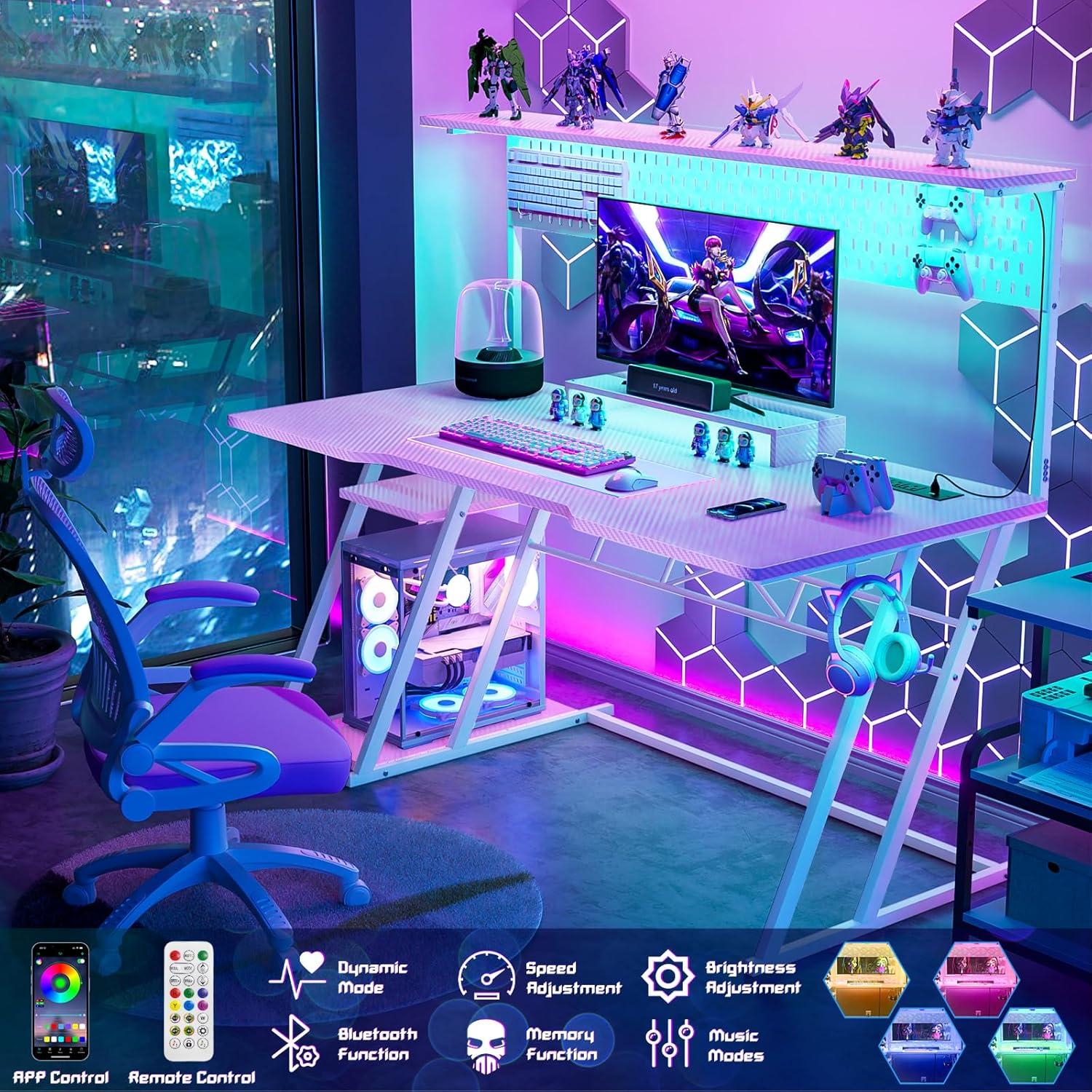 Pink 55'' Gaming Desk with Hutch and LED Lights