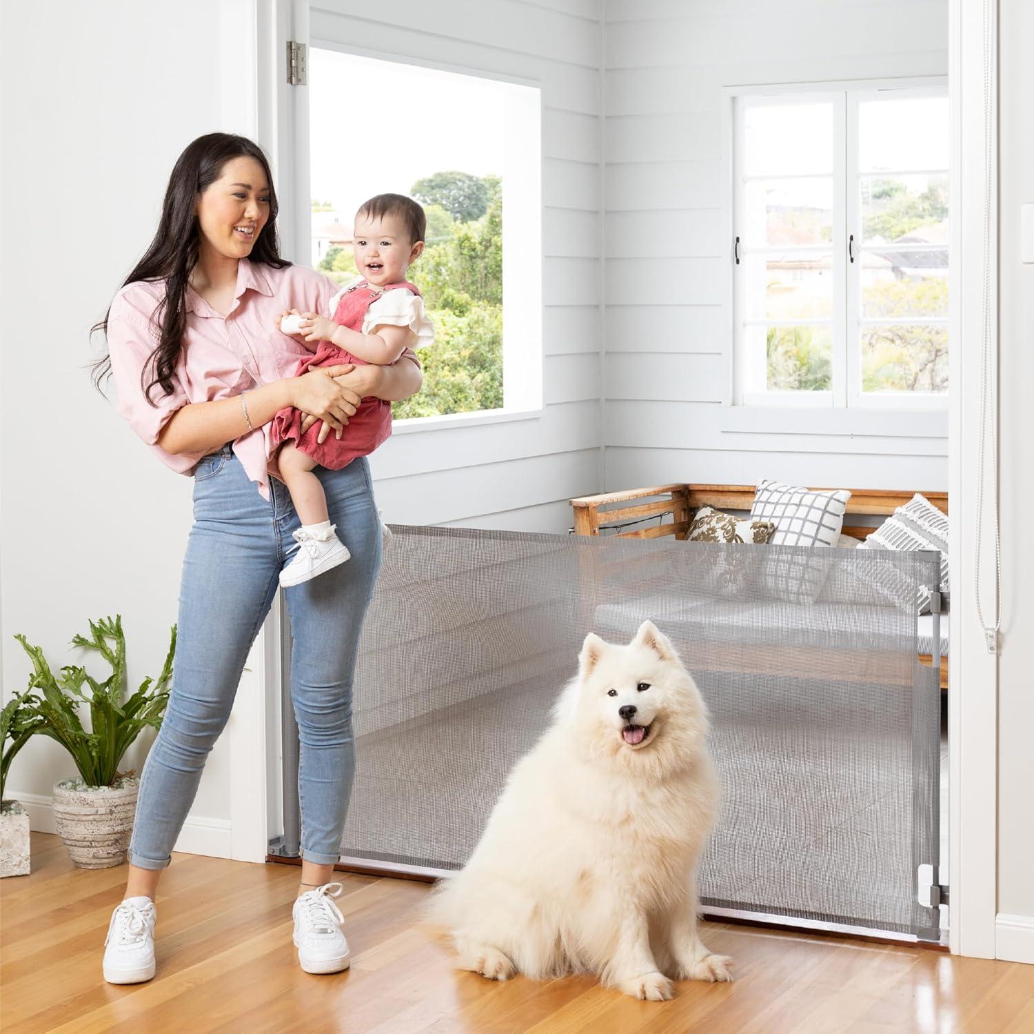 Gray Retractable Baby and Pet Gate with Mesh Fabric