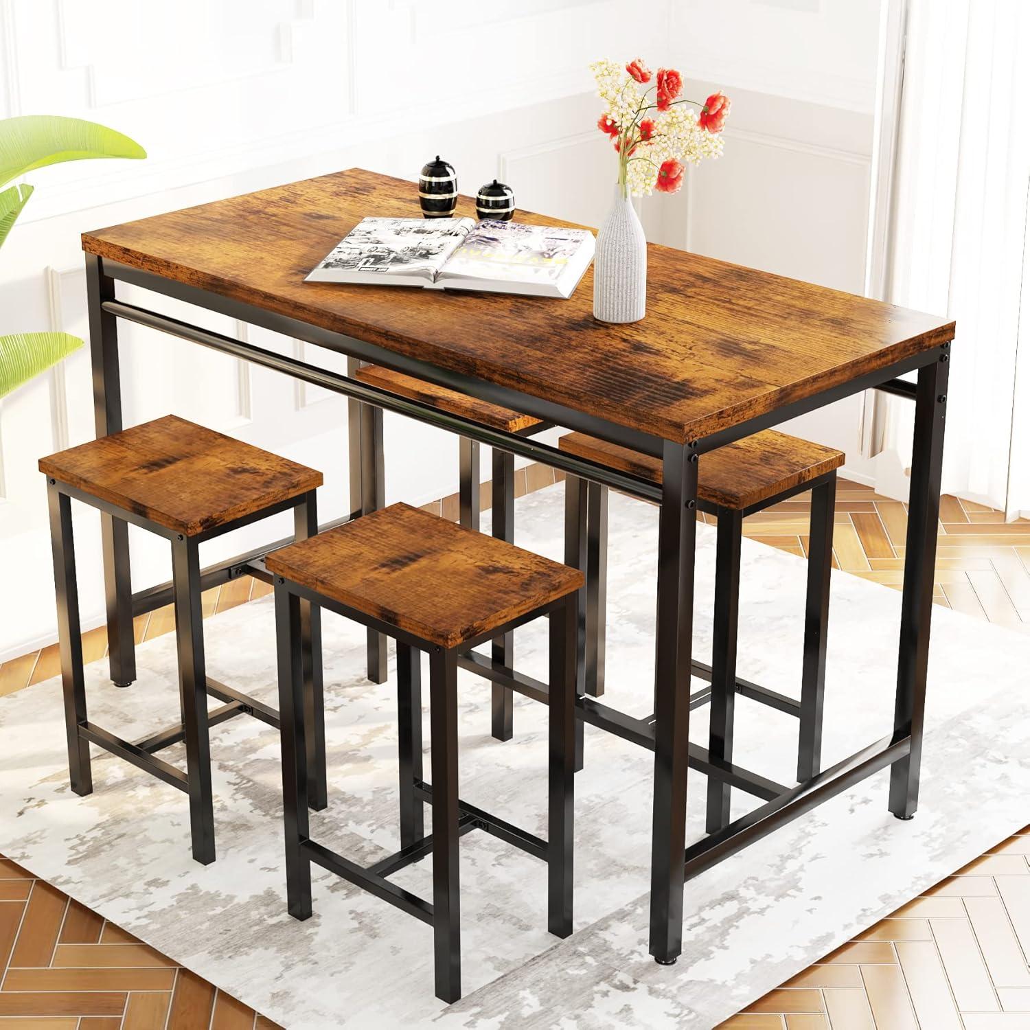 Counter Height Bar Table Set, 5 Piece Dining Table Set, Modern Pub Table with 4 Stools, Home Dining Table and Stools Set, 4-Person Kitchen Breakfast Table Set, Rustic Brown, D8995