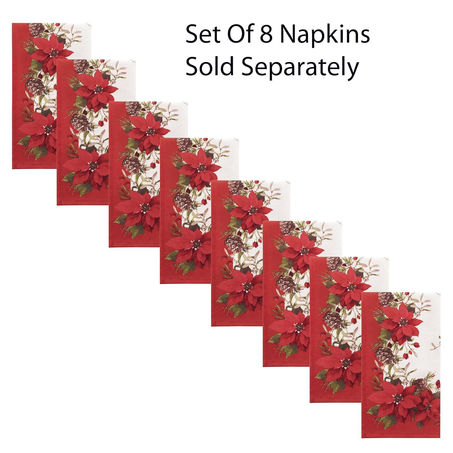 Newbridge Christmas Blooming Poinsettia’s Double Bordered 52 x 52 inch Square Fabric Tablecloth, Holiday Red and White Poinsettia Dining Table Cover