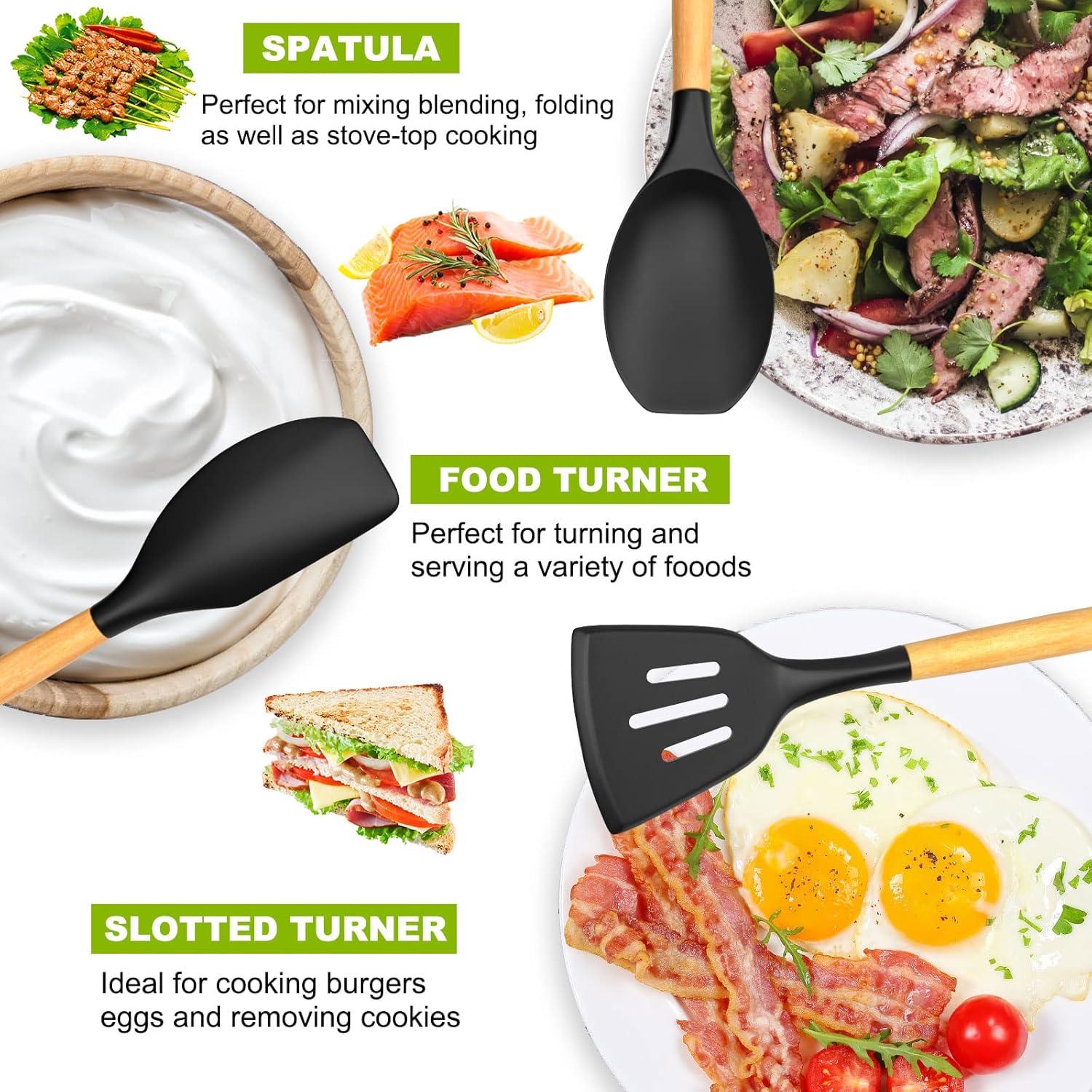 Silicone Kitchen Cooking Utensils Sets with Holder,Nonstick Heat Resistant,Wooden Handle,Black