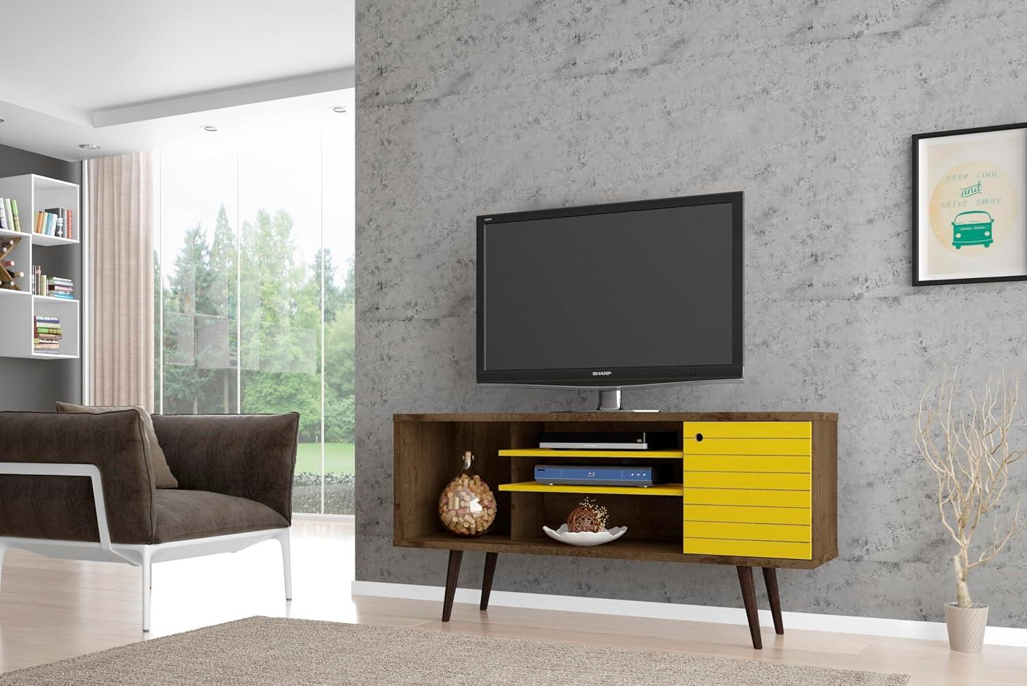 Liberty 53.14" Mid Century - Modern TV Stand with 5 Shelves & 1 Door with Solid Wood Legs, Brown, Yellow