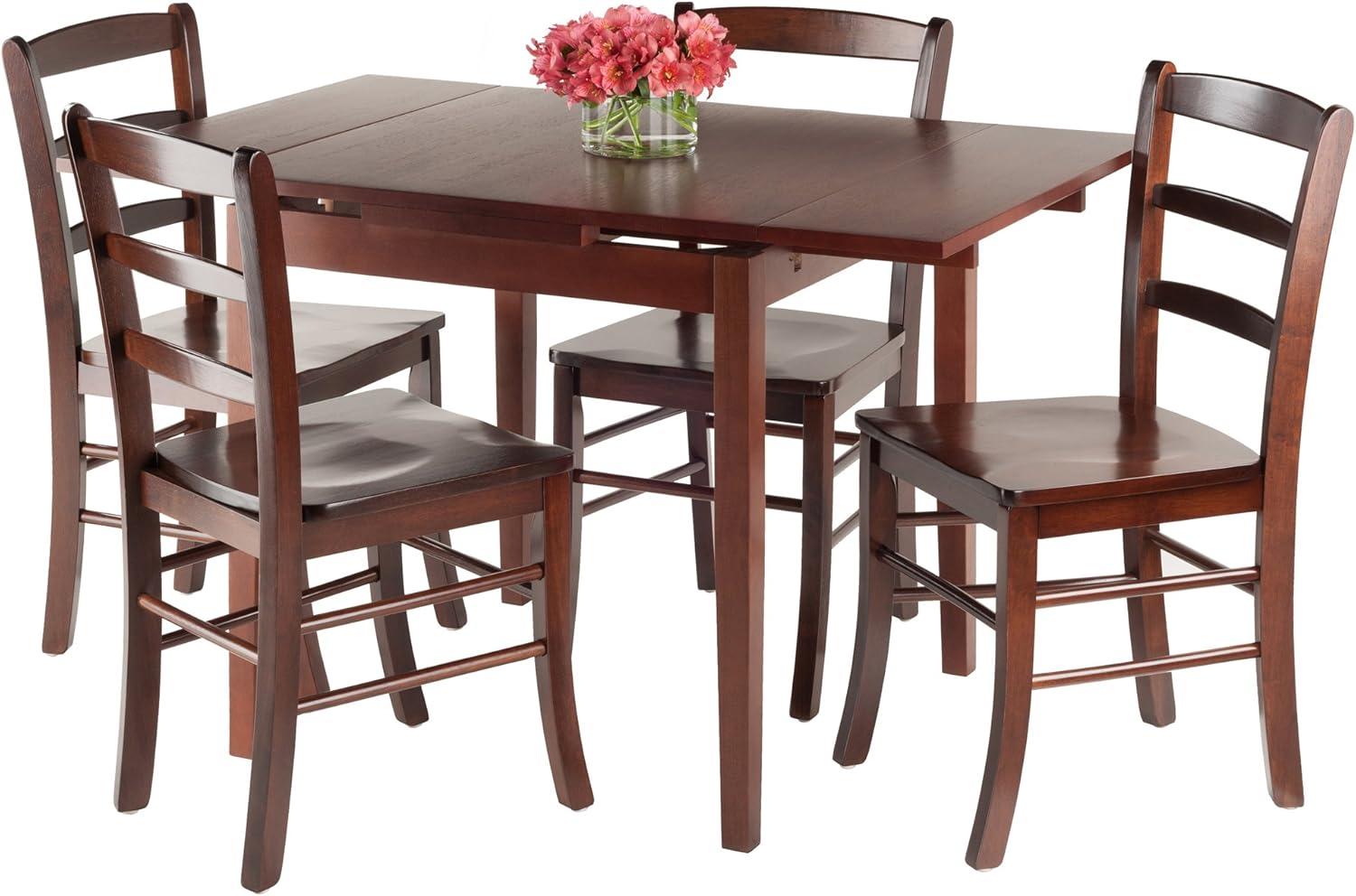 5pc Pulman Dining Set with Ladder Back Chairs Wood/Walnut - Winsome: Mid-Century Modern, Square Table, 4 Stools