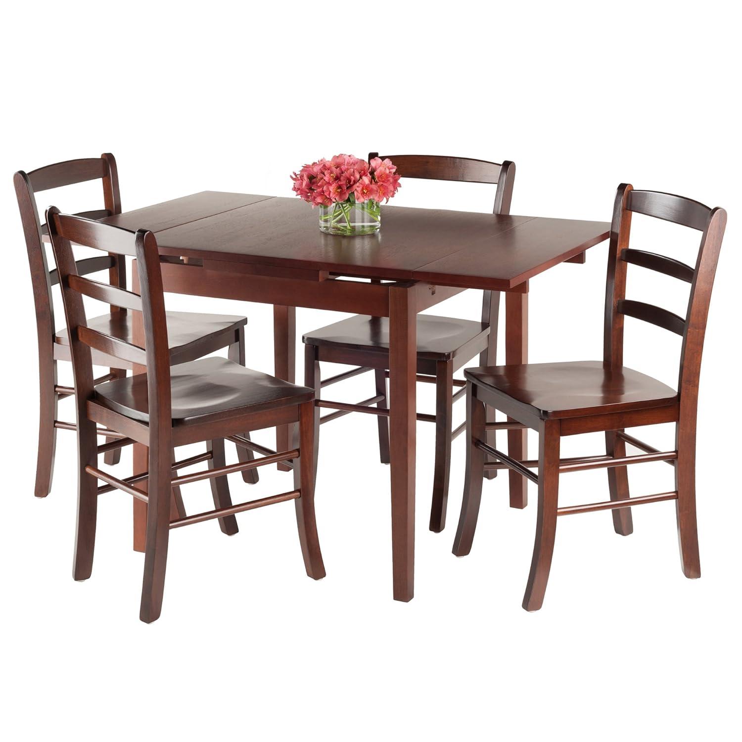 5pc Pulman Dining Set with Ladder Back Chairs Wood/Walnut - Winsome: Mid-Century Modern, Square Table, 4 Stools
