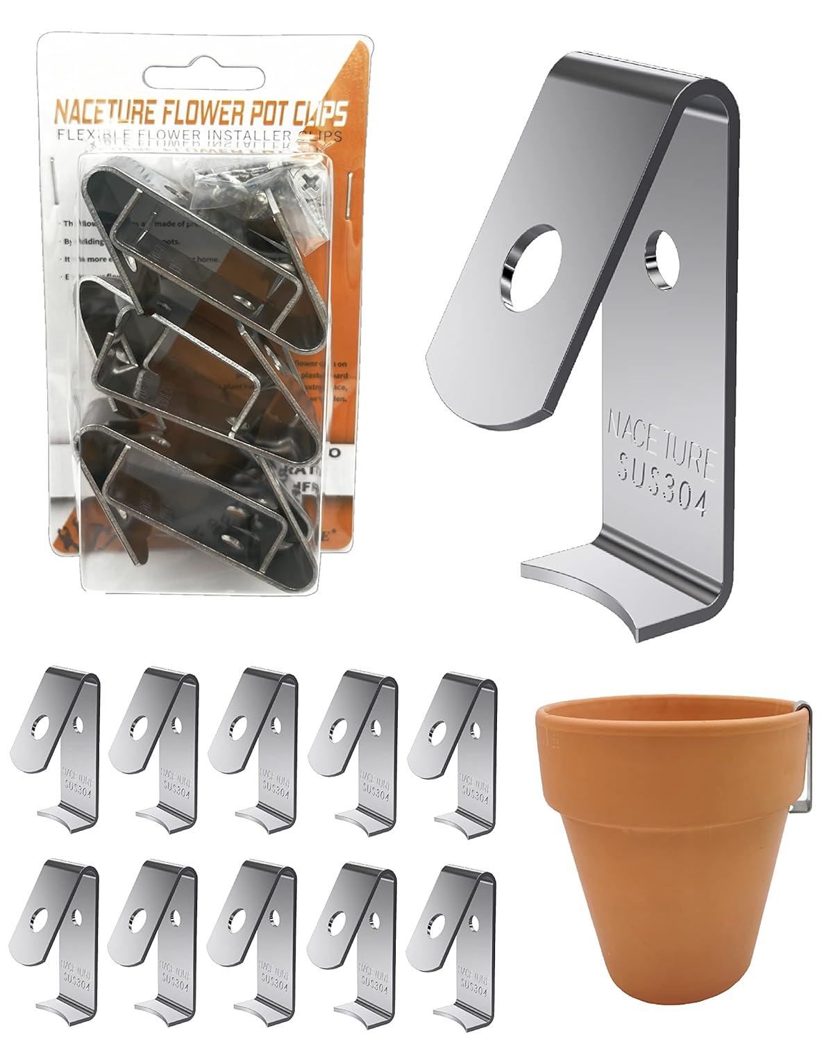NACETURE Stainless Steel Plant Hangers Flower Pot Clips 12 Pcs - Outdoor Wall Hook Metal Plant Stand Holds 5" to 8" Standard Flower Pot