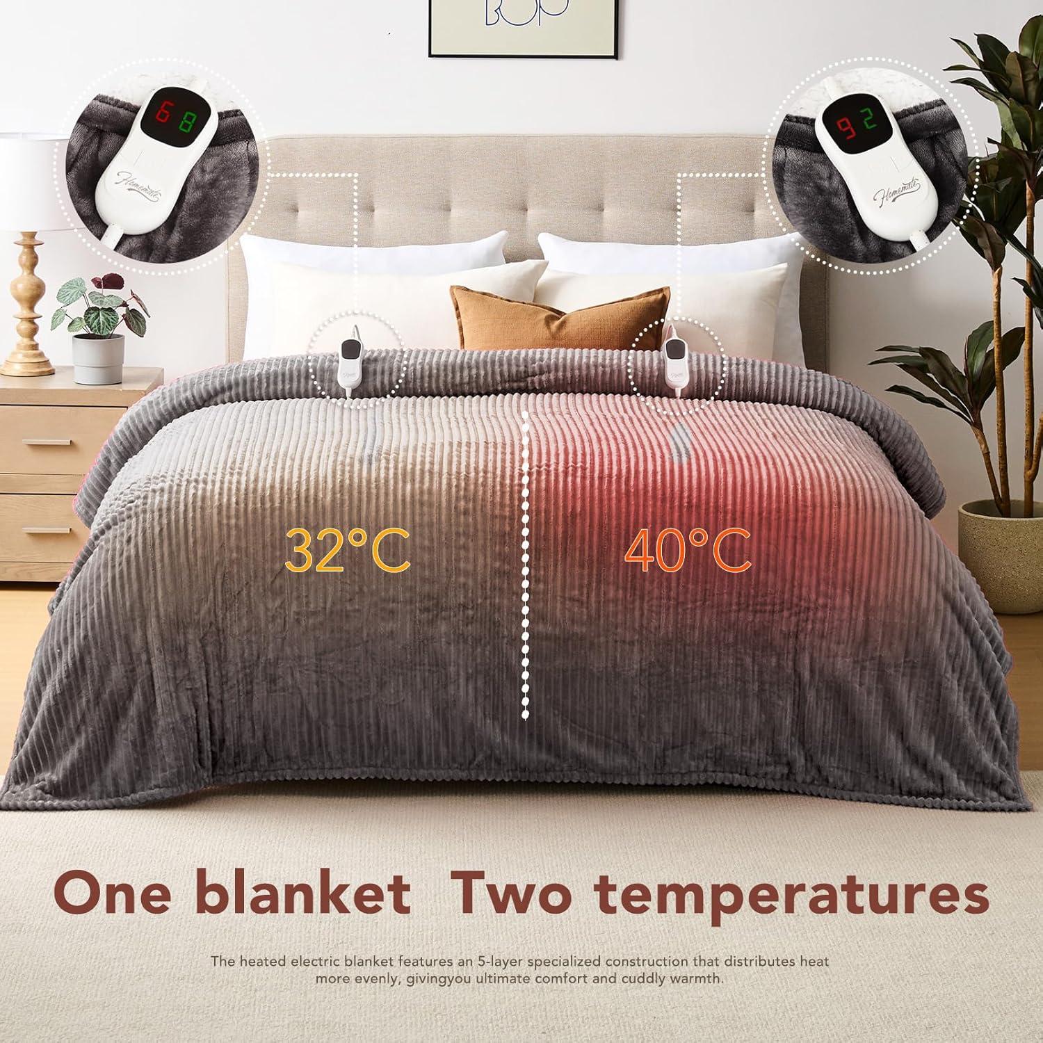 Homemate Electric Blanket Queen Size - 84"x90" Heated Blanket Queen Size 1/2/4/6/8 Hours Auto-Off 10 Heat Levels Over-Heat Protection Soft Flannel Sherpa Queen ETL Certification