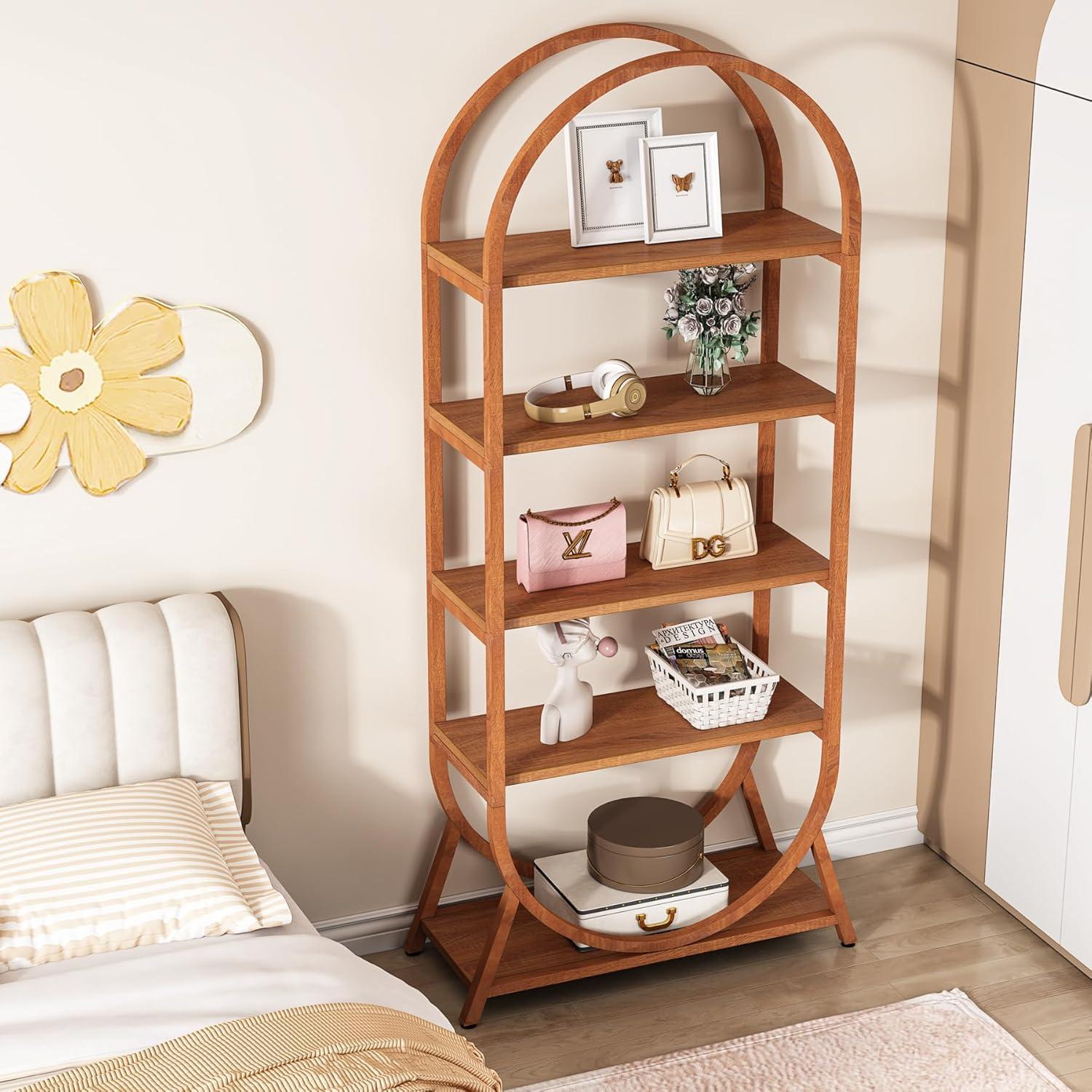 Tall Bright Brown Arched 5-Tier Bookshelf with Metal Frame