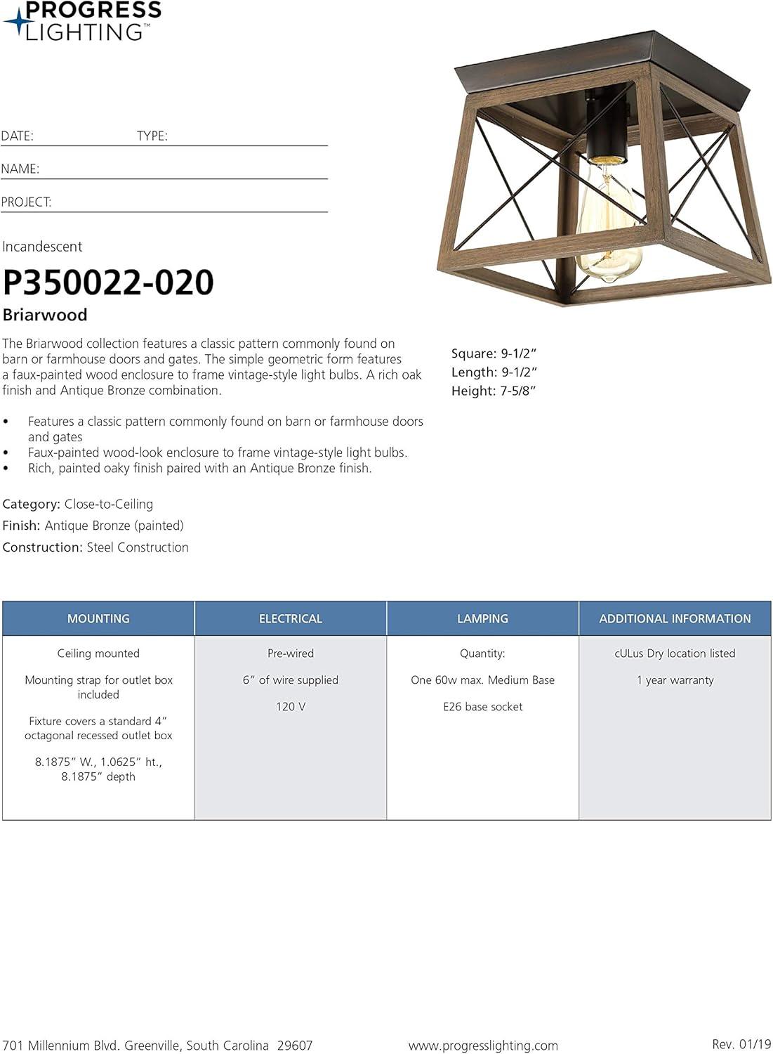 Progress Lighting Briarwood 1-Light Flush Mount, Antique Bronze, Faux-Painted Wood Shade