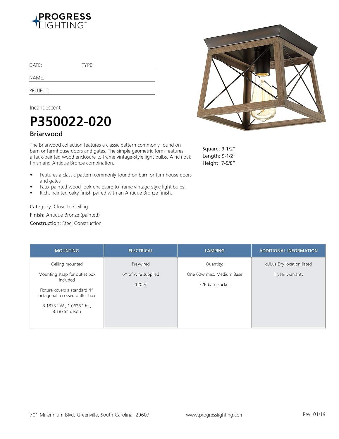 Progress Lighting Briarwood 1-Light Flush Mount, Antique Bronze, Faux-Painted Wood Shade