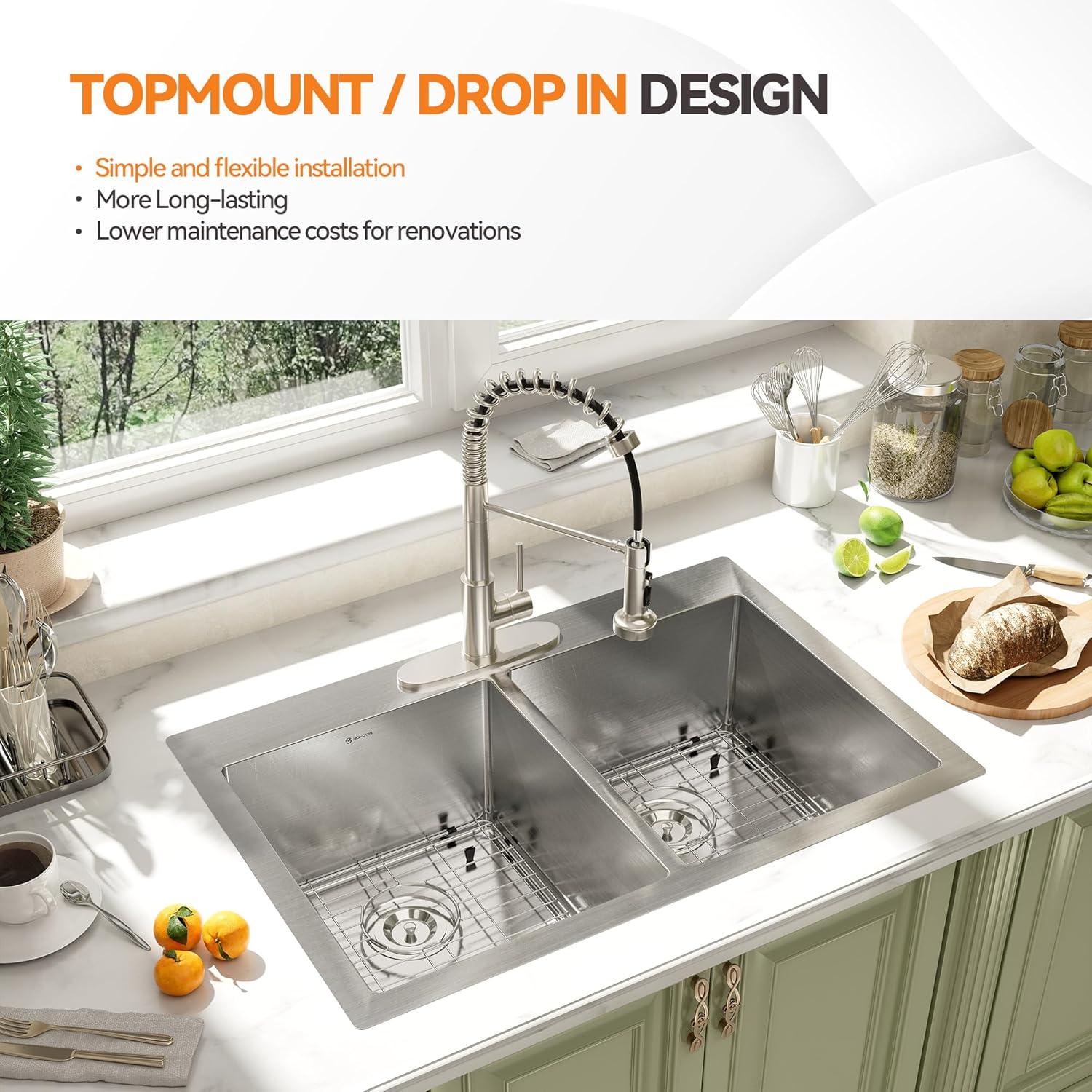 33"L x 22"W Double Bowl Stainless Steel Drop-In Kitchen Sink with 1 Faucet Hole