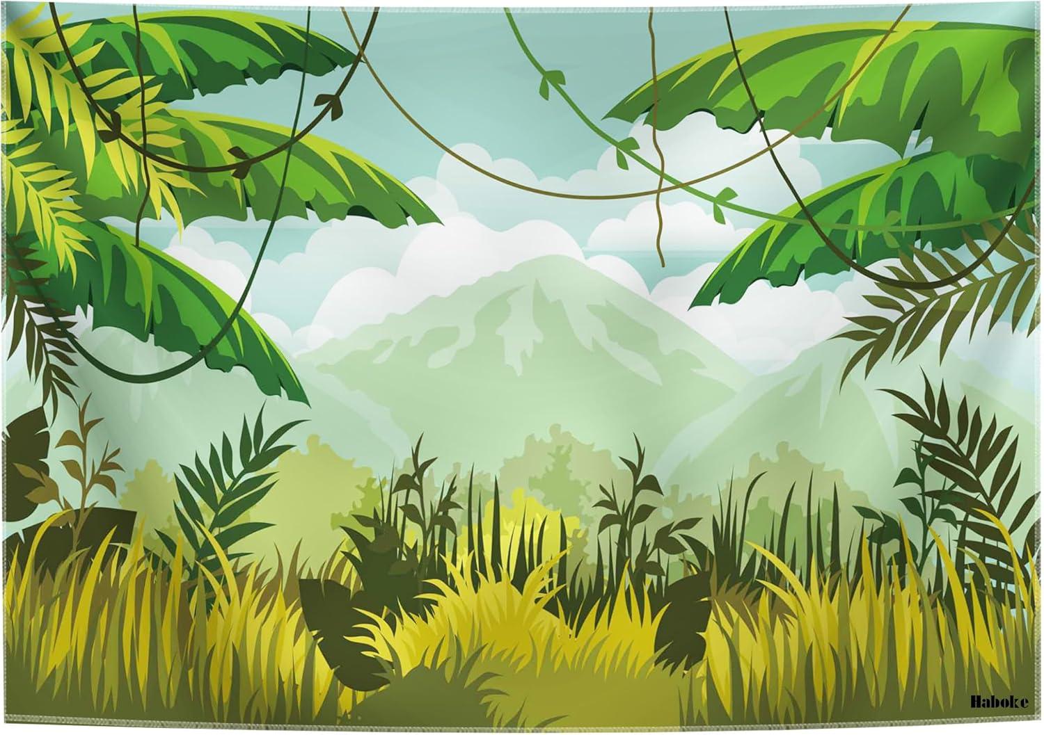 Safari Birthday Decorations 7x5ft Ployester Fabric Photography Backdrop Green Spring Forest Jungle Party Background Banner Supplies Baby Shower Decorations