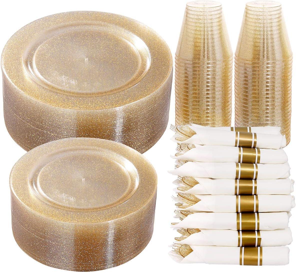 MODERN WALLS LLC 350 Pieces Gold Glitter Dinnerware Set 50 Guest For Party- 50 Dinner Plates, 50 Dessert Plates -50 Per Rolled Napkins With Gold Cutlery - 50 Disposable Cups 9 OZ