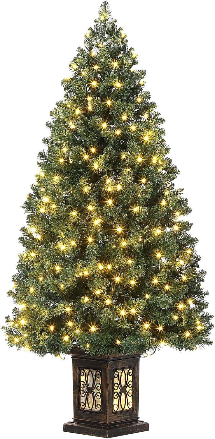 FOLDLIFE 4.5ft Artificial Fiber Optic Christmas Tree with 300 LED Lights and 8 Lighting Modes, Pre-Lit Christmas Tree with Metal Hinges and Antique Urn Base